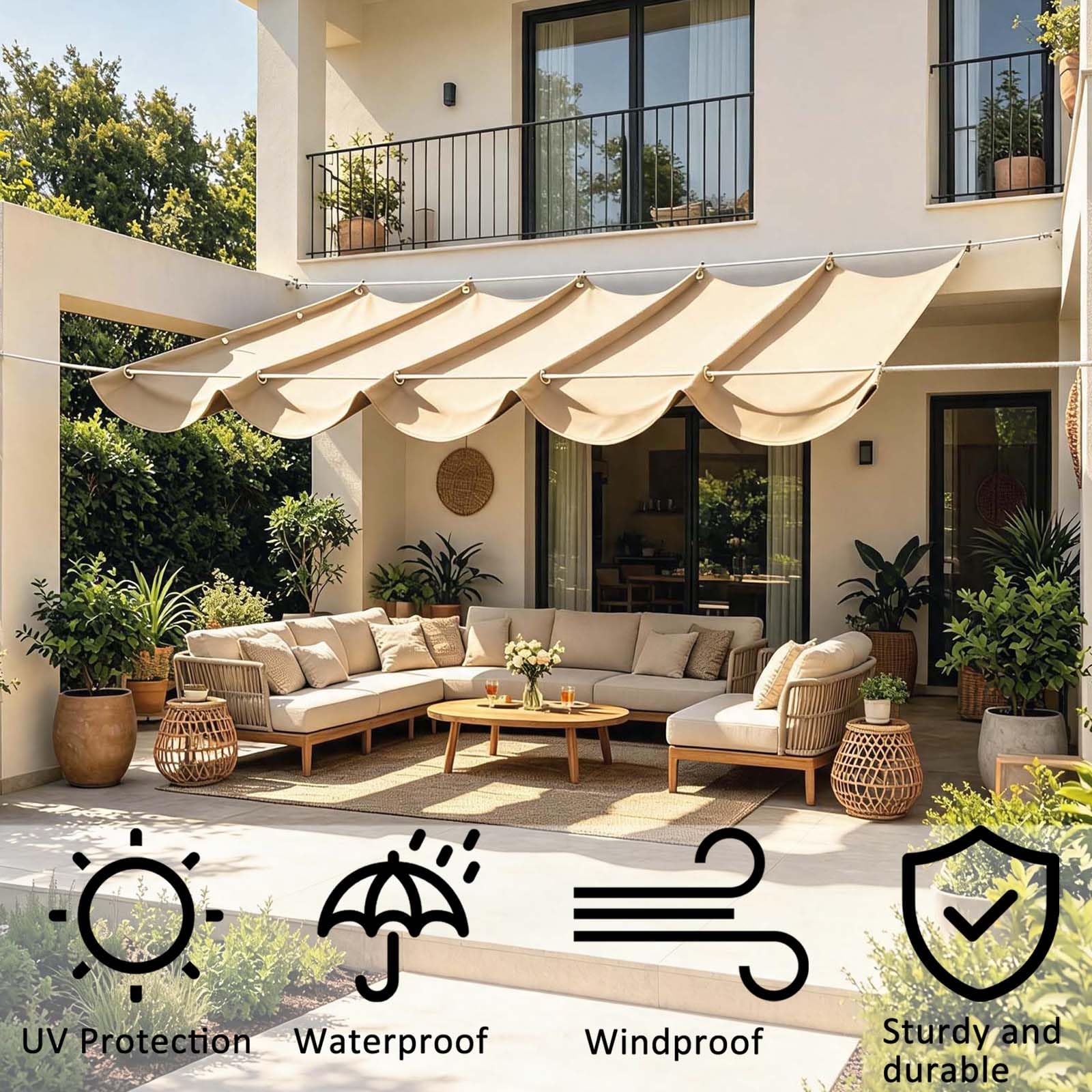 Vela Parasole Ondulata Retrattile 100 x 800 cm Protezione Solare Schermo UV con Funi di Tensione Tenda da Sole per Esterno Vela Parasole per Piscinae Terrazza, Giallo sabbia