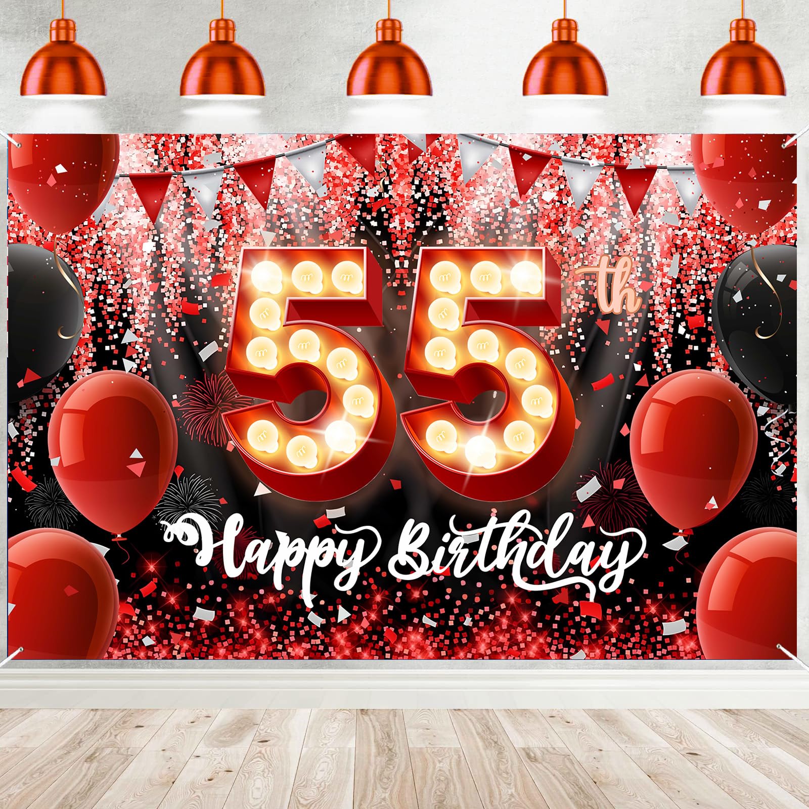 55th Happy Birthday Banner Red Glitter Sequin Balloon Banner Backdrop for Man Woman Gift Sign Birthday Party Decorations Photo Booth Background Props