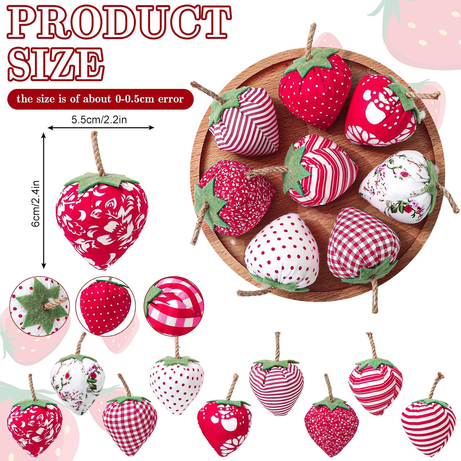 JarThenaAMCS 12Pcs Artificial Strawberry Decoration Fake Fabric Strawberry Table Centerpieces Bowl Filler Ornaments for Mother's Day Spring Farmhouse Home Party Supplies Baby Shower Wedding Decor