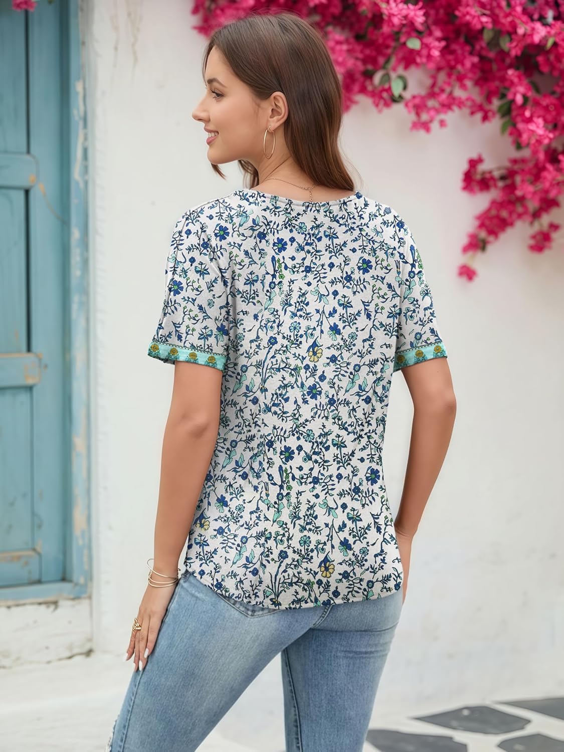 Women's Summer Tops Trendy V Neck Tie Front T-Shirt Casual Short Sleeve Loose Fit Top Blouses - Image 5