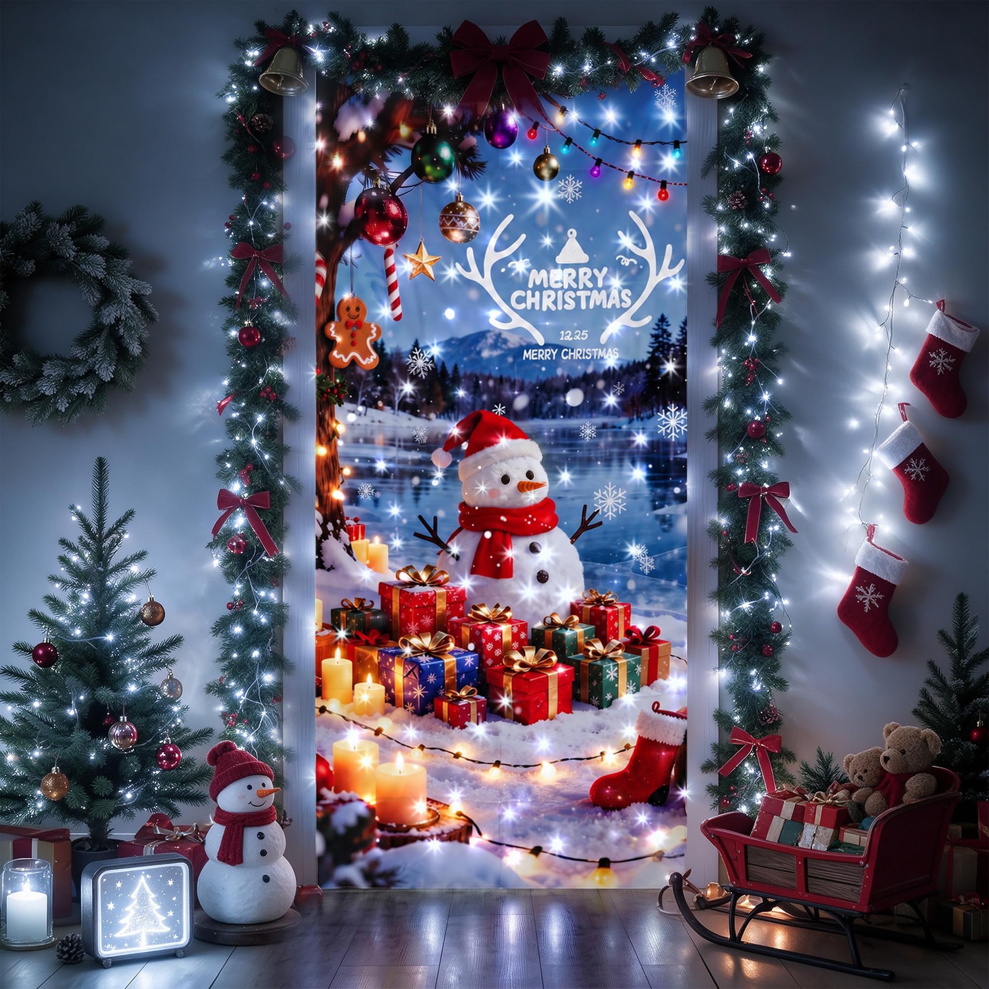 Weihnachtsbeleuchtung Außen Innen mit Schneemannmuster 208x96cm 140LED | Weiß Lichtervorhang Weihnachten, Wasserdicht Lichterkette Außen Strom mit Timer, Memory, 13 Modi für Tür Weihnachtsdeko
