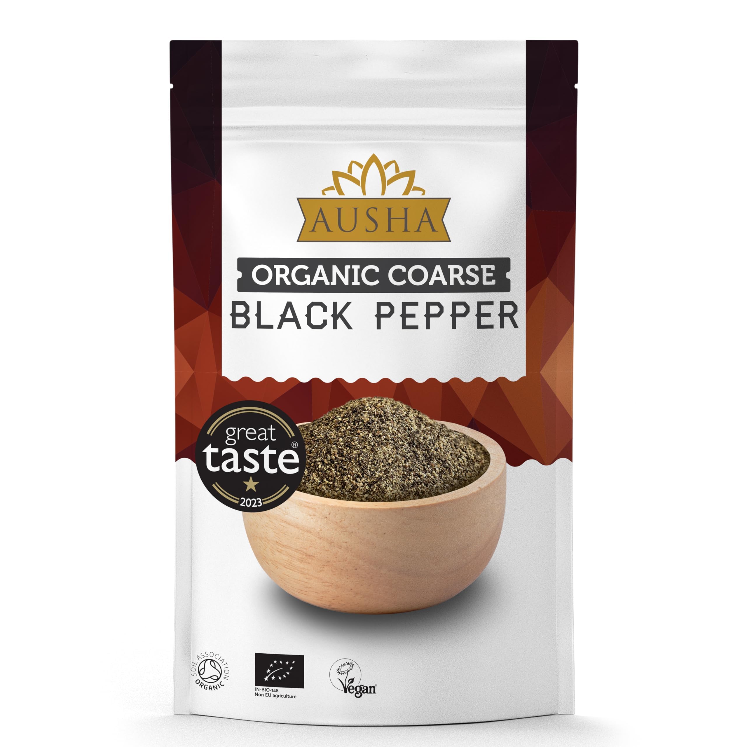 Organic Black Pepper - 200g - 1* GREAT TASTE AWARD 2023 - UK Certified Organic by Soil Association - Coarse Form - Cooking, Grinding - Mix of Tellicherry Pepper and Malabar Pepper
