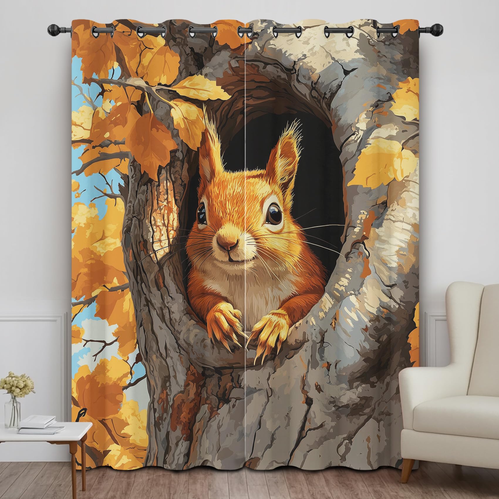Dlaqoryx Squirrel Blackout Curtain, Maple Leaf Curtains For Living Room Bedroom, Eyelet Thermal Curtain Window Curtains & Drapes 52 X 54 Inch Drop 2 Panels