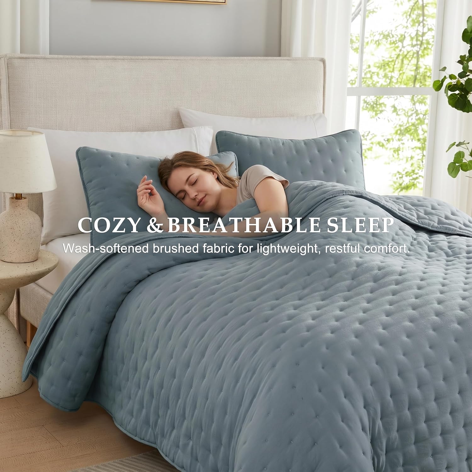 WDCOZY Dusty Blue Cloud King Size Quilt Set, Tan Lightweight Farmhouse Bedspread, Rustic Country Coverlet, Taupe Camel Soft Bedding, Thin Comforter for All Season - 3 Pieces, 104x90 inches