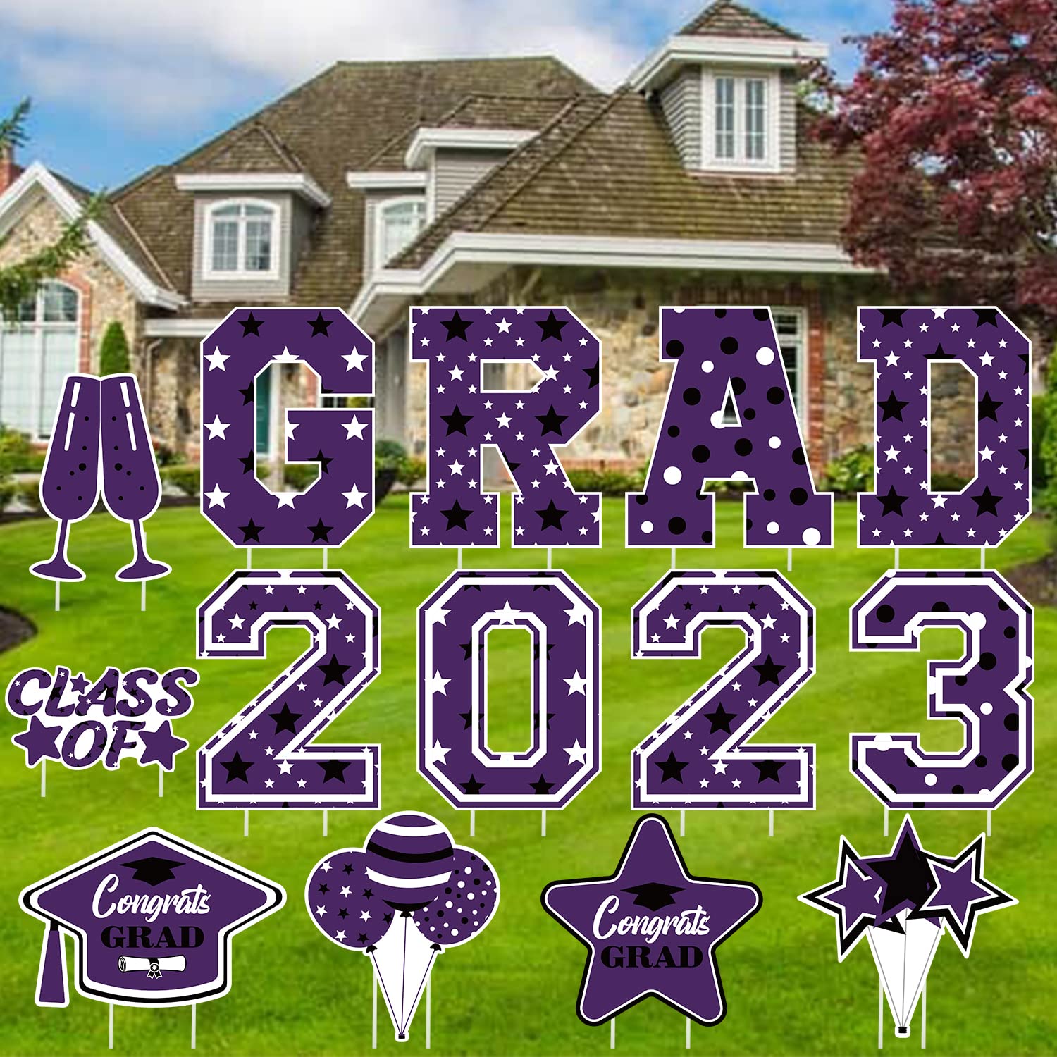 14 PCS 2023 Graduation Decorations 16 Inch Large Graduation Yard Signs Congrats Grad Yard Signs Class of 2023 Graduation Yard Sign with Stakes for Graduation Party Decorations Supplies (Purple and Black)