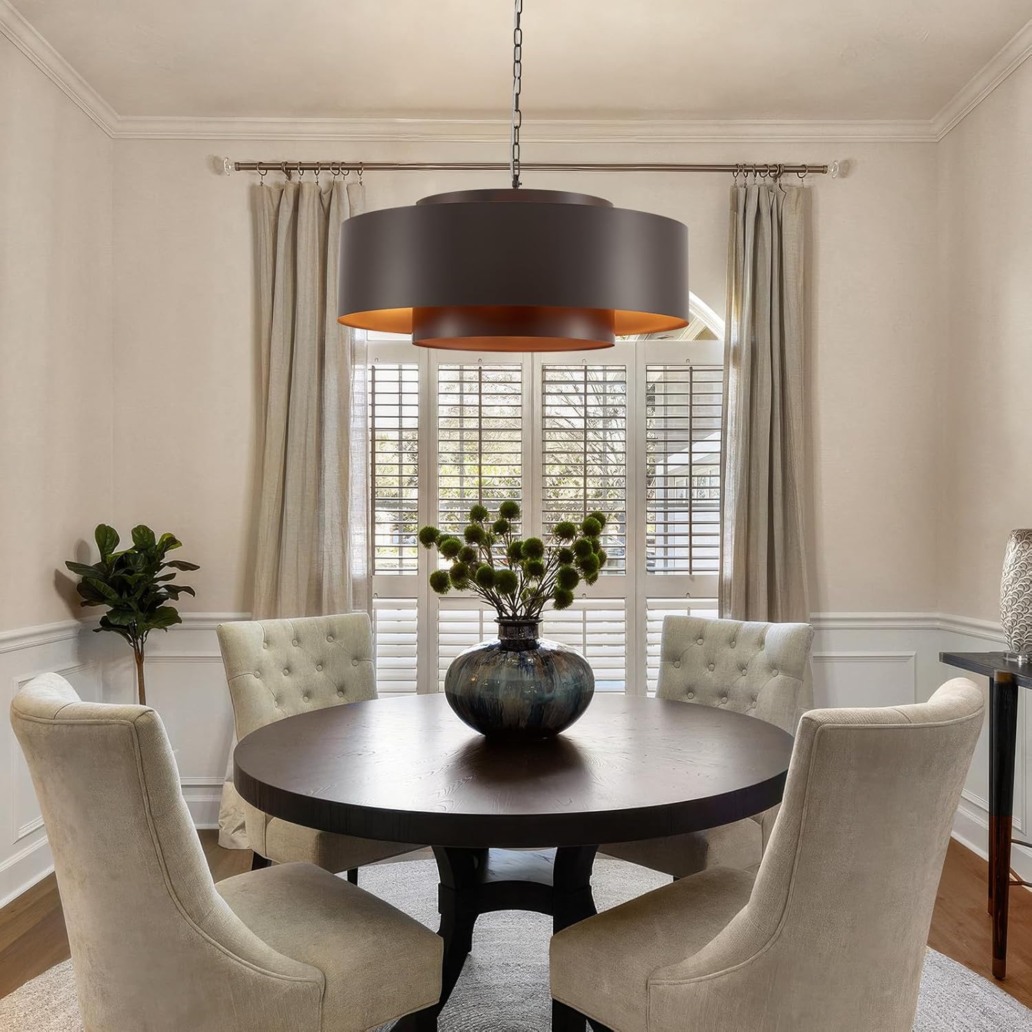 D30 Modern Geometric Metal Drum Pendant, Oil-Bronze Round Farmhouse Chandelier Industrial Pendant Light for Kitchen Island Dining Room Living Room