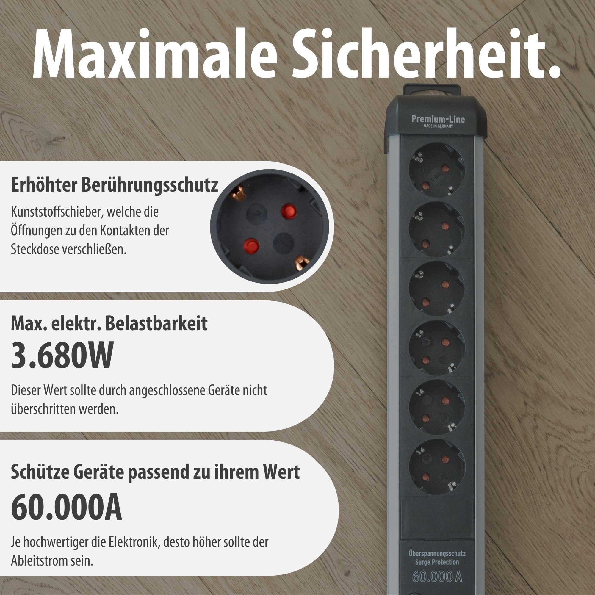 Brennenstuhl Premium-Protect-Line Steckdosenleiste 6-Fach mit USB, 3m | Mit Überspannungsschutz, Mehrfachsteckdose mit Schalter, 2-fach USB 3,1 A, Made in Germany, silber/schwarz