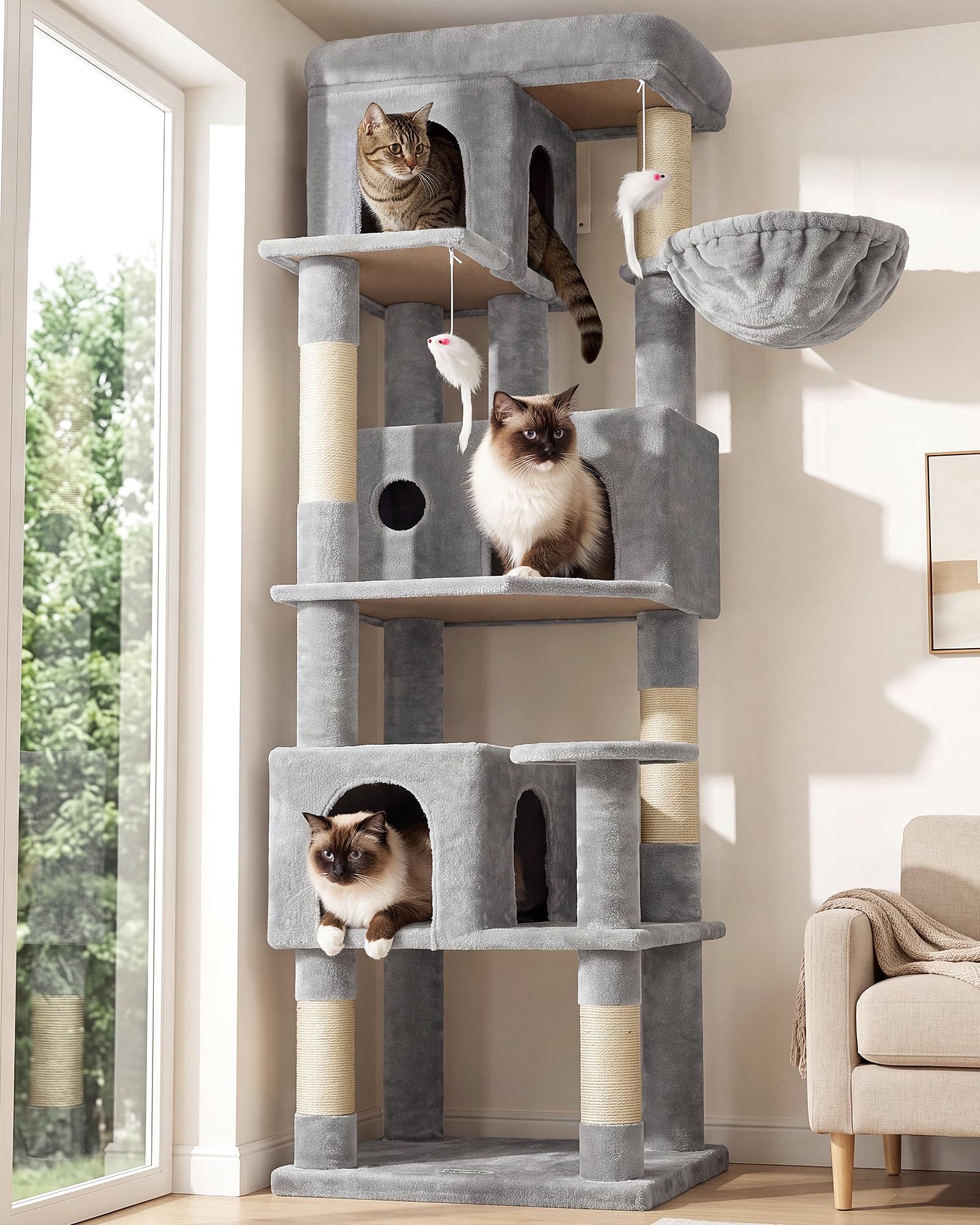 Globlazer Corner Cat Tree for Indoor Cats 168 cm with 3 Spacious Caves, Large Cushion Platform, Basket, Sisal Scratching Posts, Sturdy Cat Tower for 3-4 Adult Cats Rest Play Scratch (F66, Light Grey)