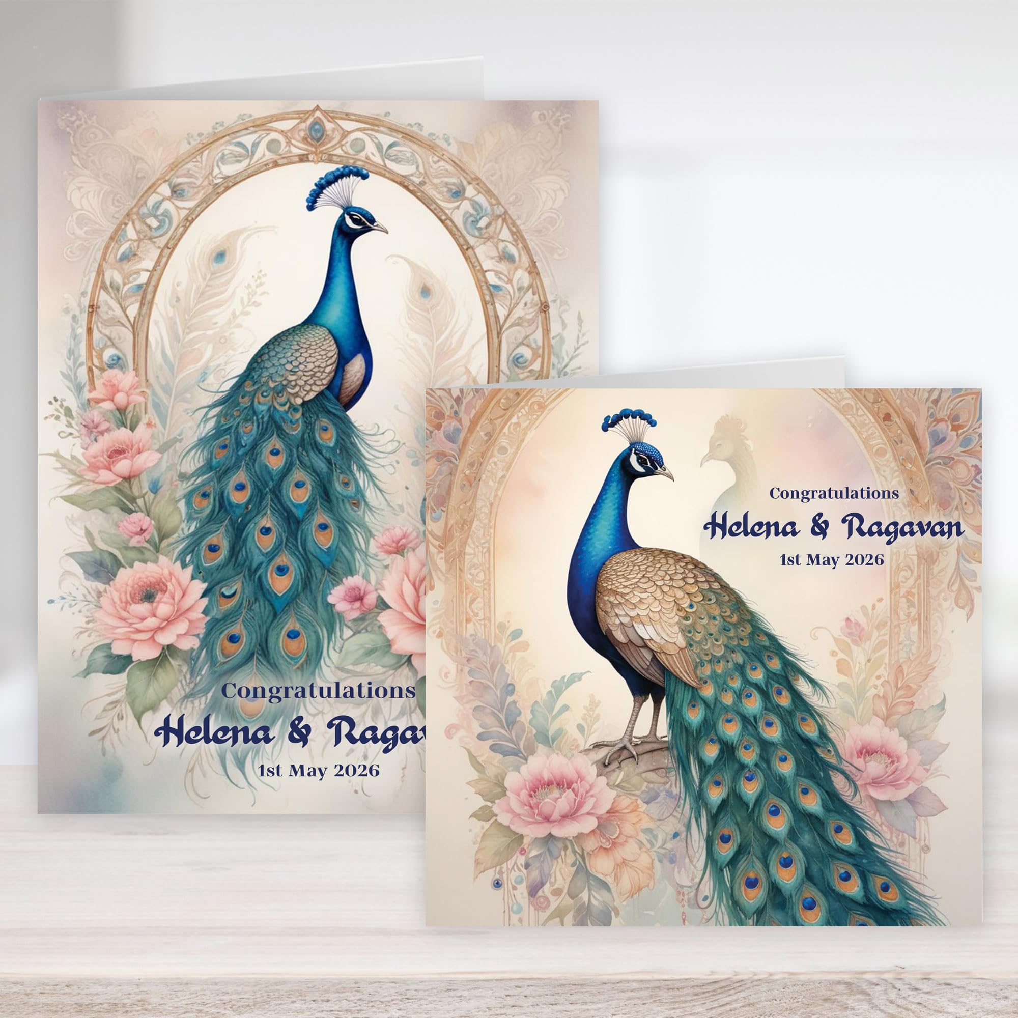 Personalised Peacock Wedding Card, Elegant Peacock Congratulations Card, Indian Inspired Wedding Card, Luxury Botanical Card, Romantic Peacock Design