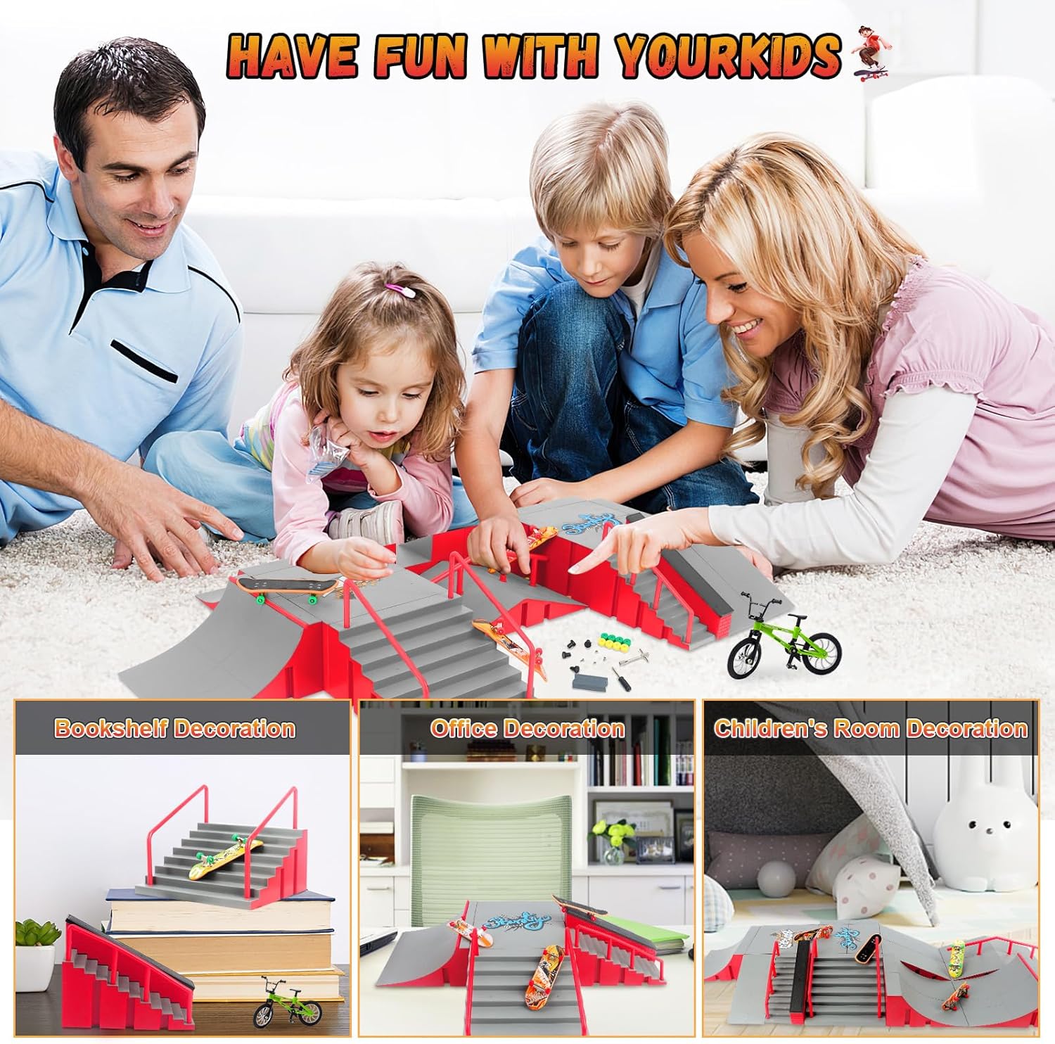 Finger Skateboard Park Kits,14-in-1 Bigger Finger Skateboard Ramp Set with 14 Ramps,8 Fingerboards,1 Finger Bike, Skate Park Kit,Fingerboard Skatepark Half Pipe Toys Gifts for Ages 3