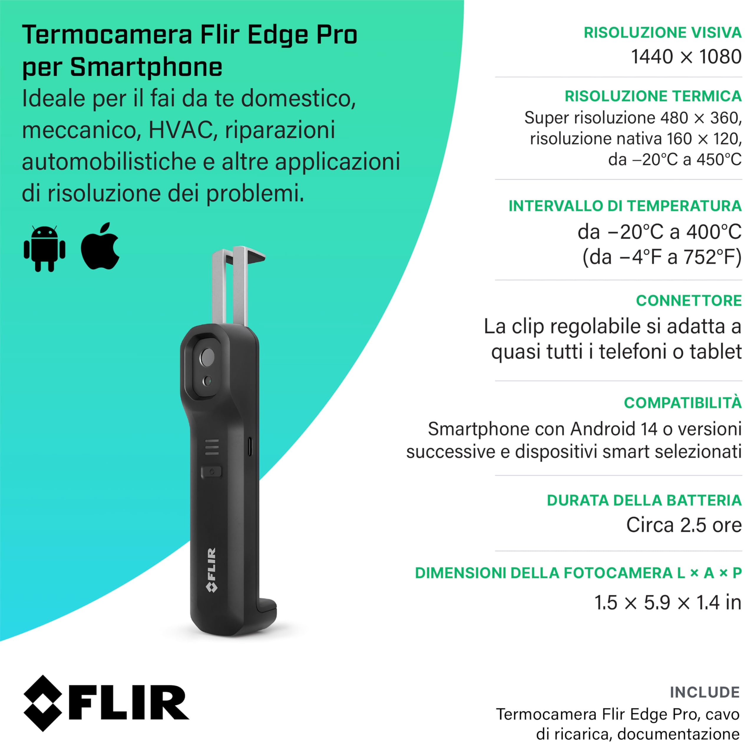 FLIR Edge Pro - Termocamera Wireless Bluetooth Per Smartphone, Compatibile Con Tutti I Dispositivi iOS E Android, Risoluzione Super 480x360 (IR Nativi 160x120)