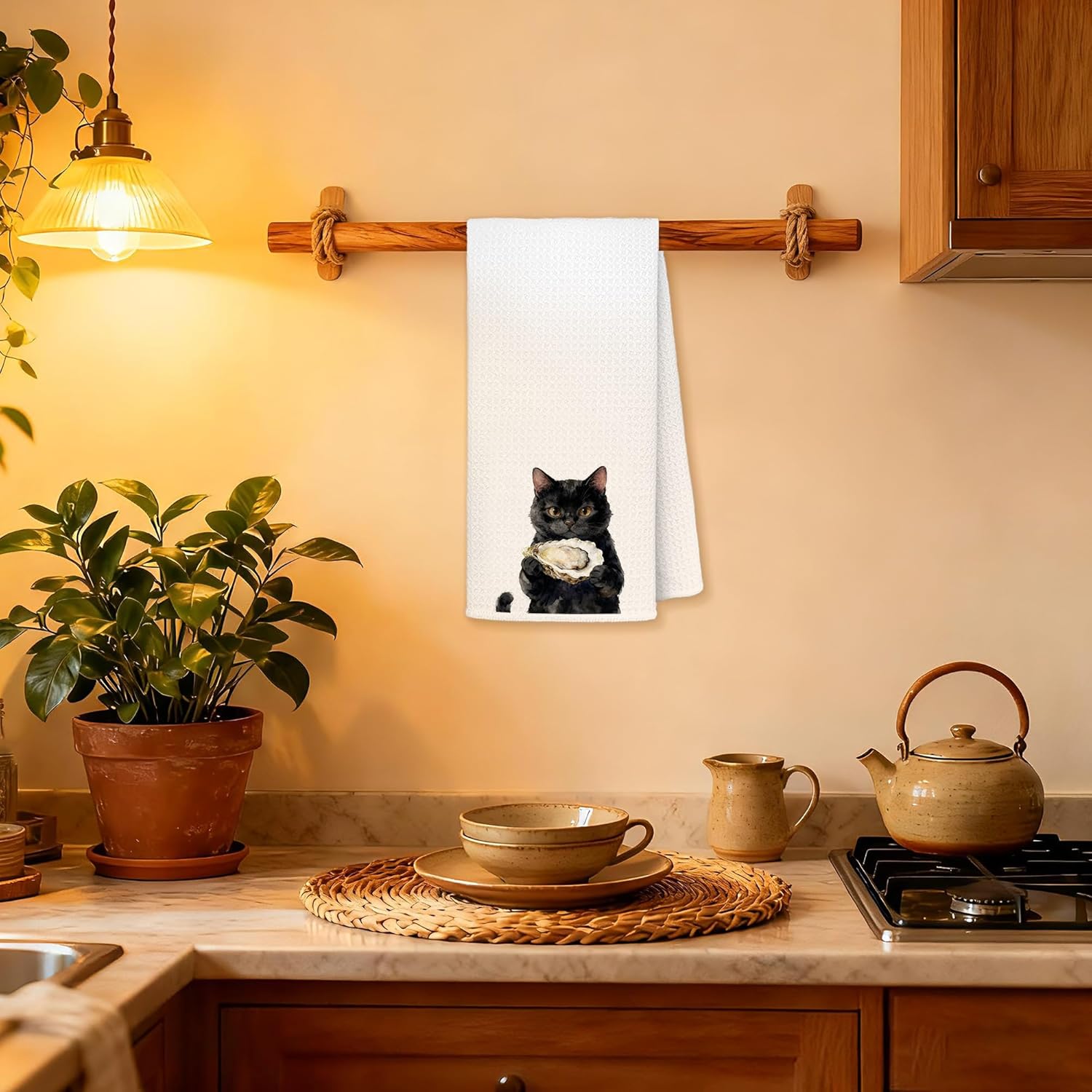 Funny Oyster Black Cat Kitchen Towels, Cat Mom Lady Lovers Gifts, Coastal Beach Black Kitty Kitten Decorative Dish Tea Hand Towels for Kitchen Bathroom, 16x24 Inches - Image 2