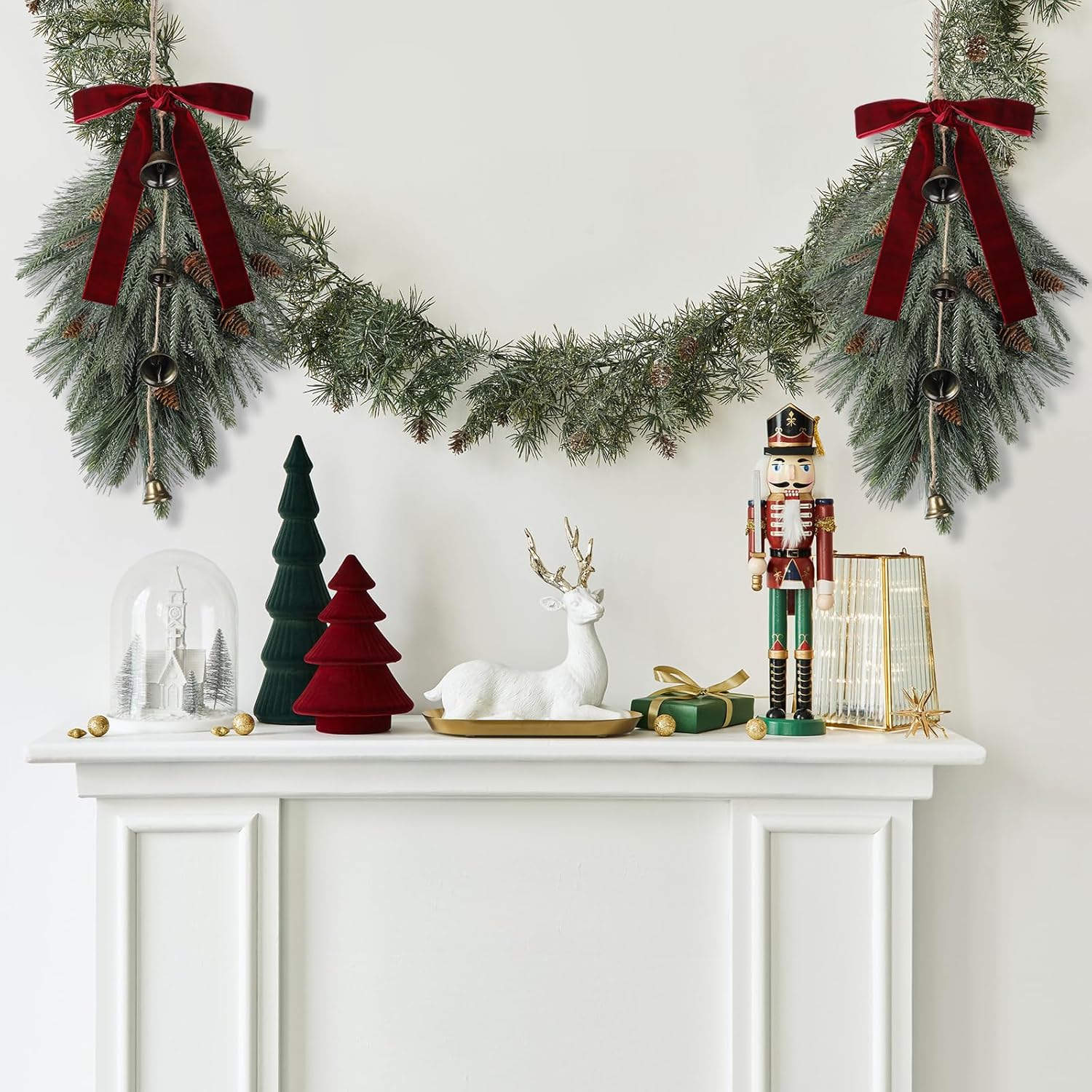 Shihanee 2 Pcs 24" Christmas Teardrop Swag Rustic Door Swag Teardrop Wreath Artificial Norfolk Pine Hanging Garland Greenery with Bell Velvet Bow for Outdoor Mantle Fireplace (Wine Red,23.6 Inch)