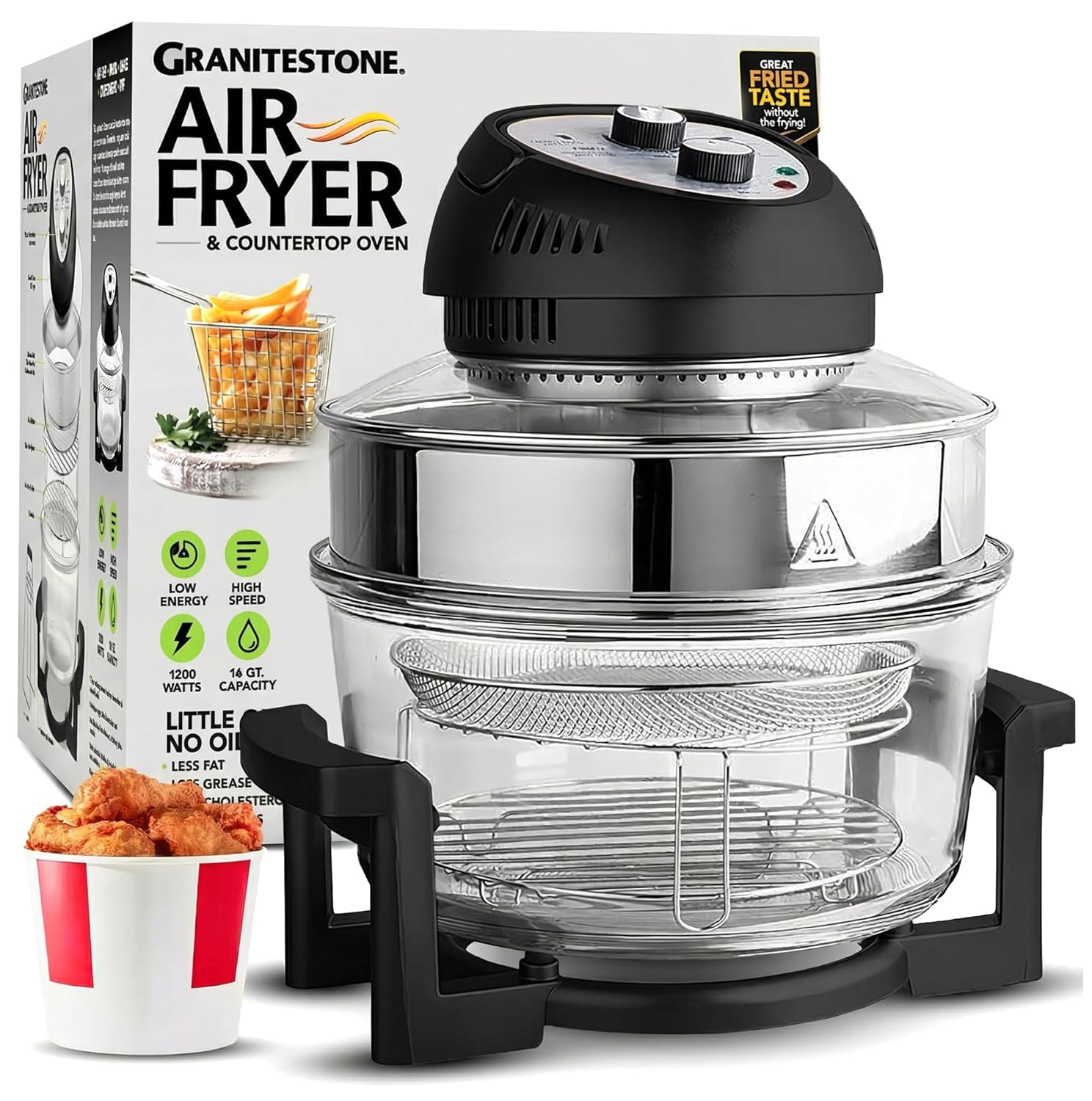 Big Boss 16Qt Large Glass Air Fryer Non Toxic Family Sized Large Halogen Oven Cooker with 3 Cooking