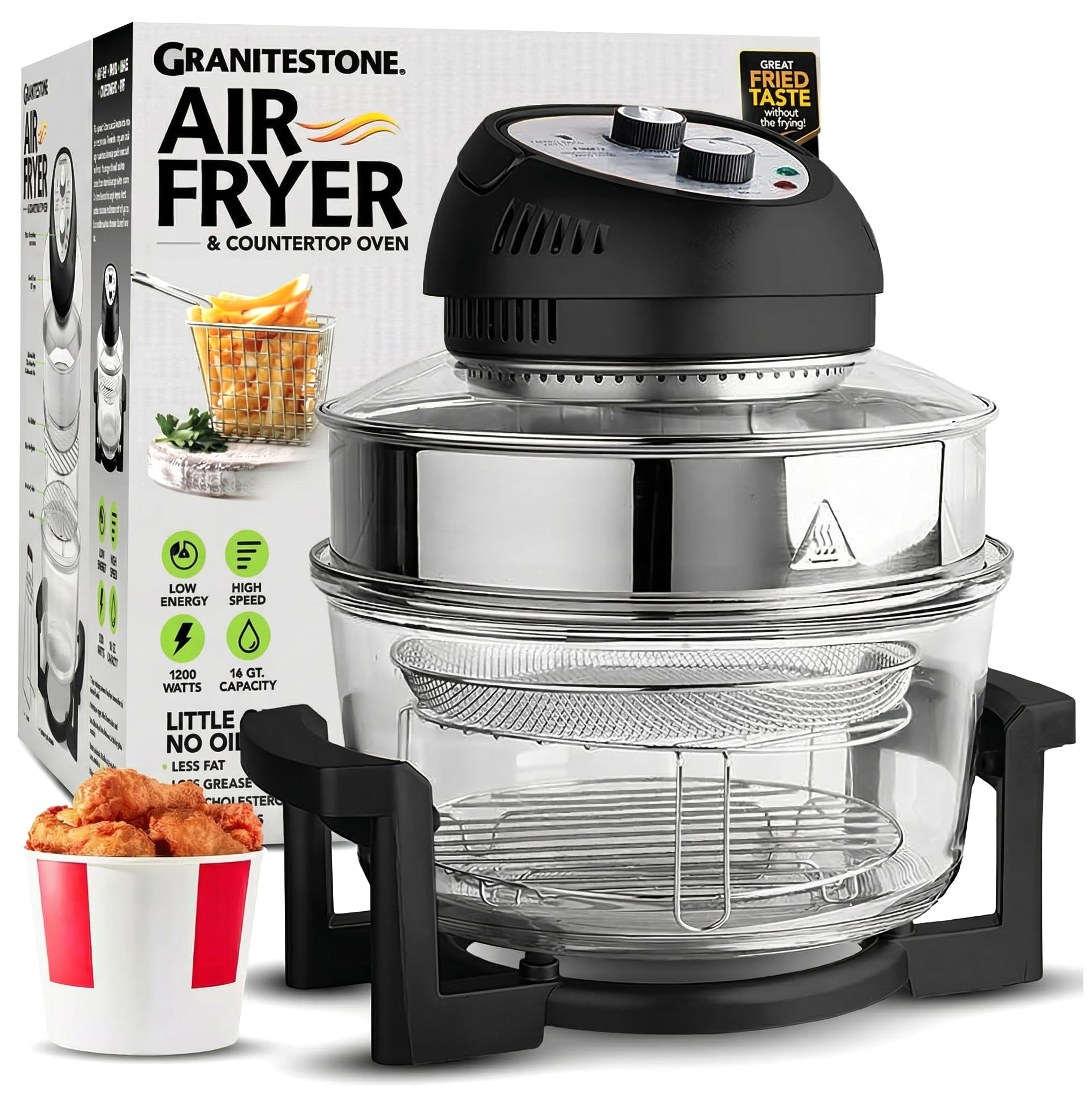 Granitestone 16Qt Large Glass Air Fryer Non Toxic – Family Sized Airfyrer Cooker with 3 Cooking Sections, Stainless Steel Racks, for French Fries, Chicken, No Preheat, Self Cleaning, Dishwasher Safe