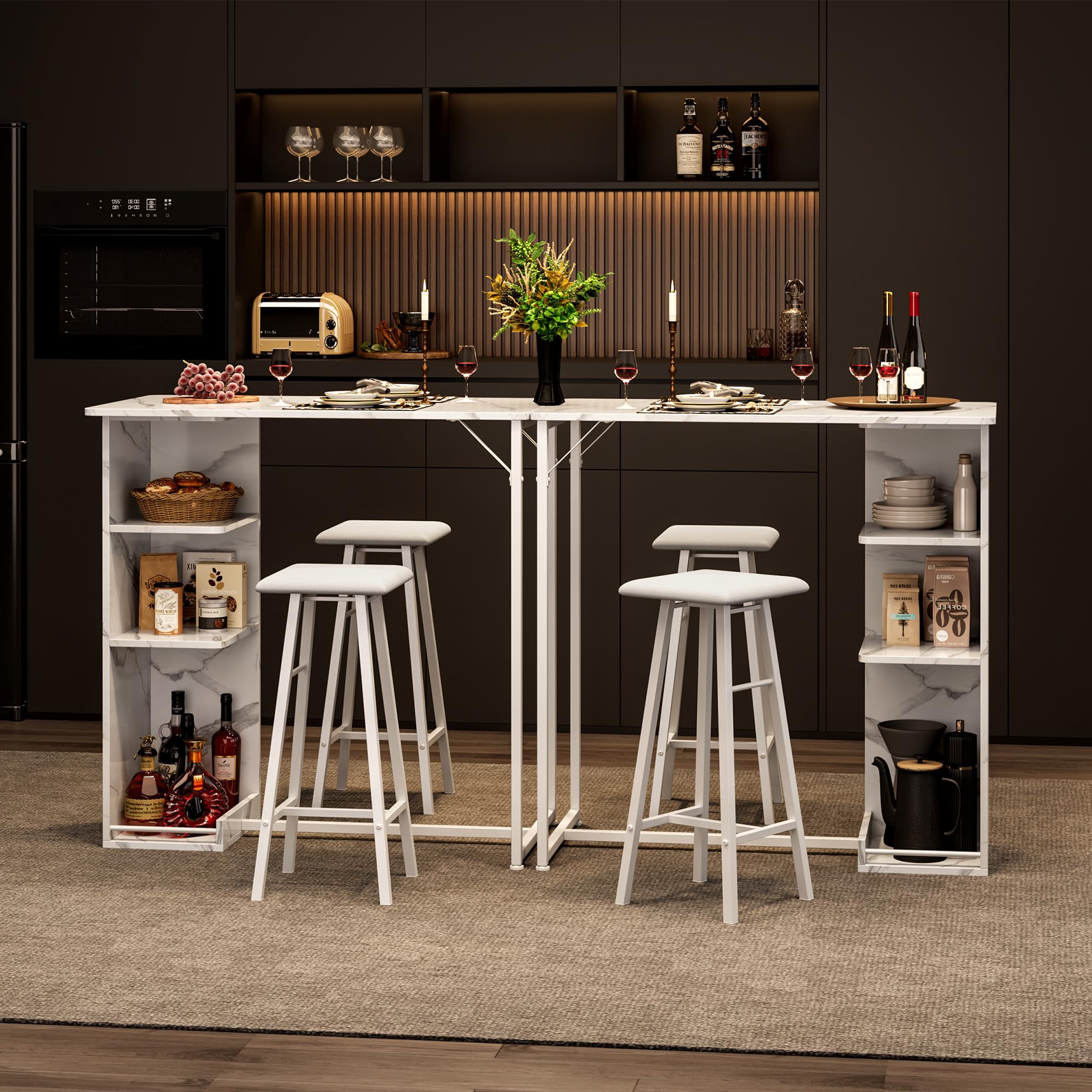 Litake Bartisch Set, Tresentisch mit 2 PU Barhocker, Esstisch Stehtisch mit Weinglashalter & Ablage, Küchentisch im Industrie-Stil, Stehtisch für Bar, Bistro & Wohnzimmer,Marmor Weiß