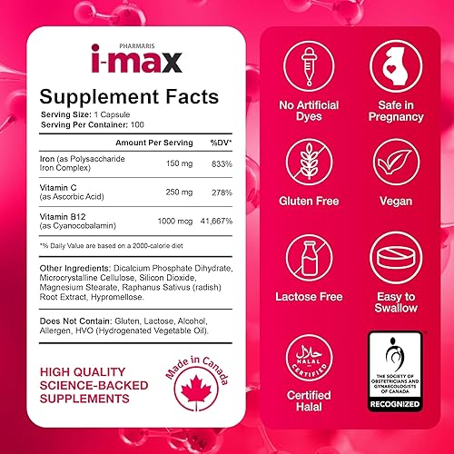 Miniatura 8 de i-max Suplemento de hierro de 150 mg, vitamina C 250 mg y B12 1000 mcg, tratamiento de suplemento de hierro para mujeres y hombres, una vez al día,
