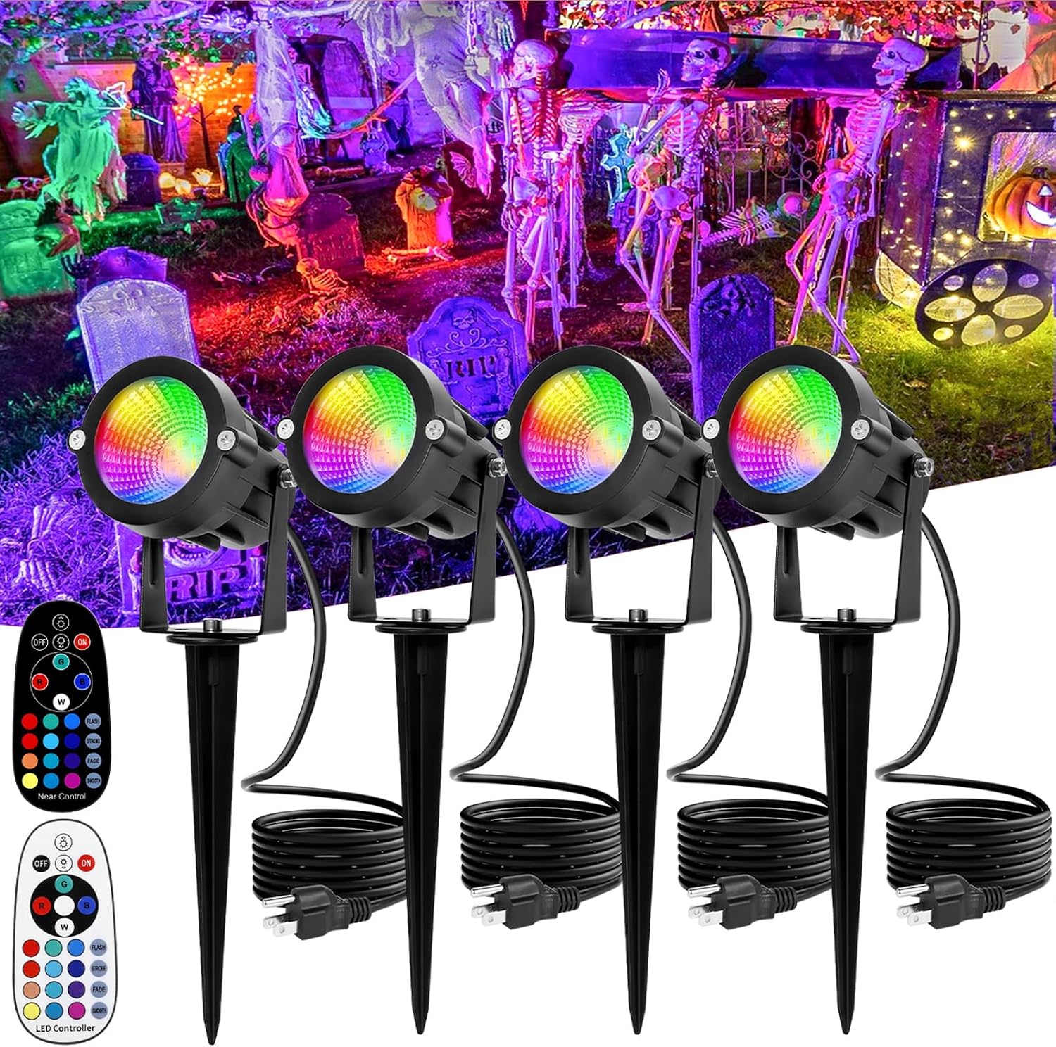 Halloween Spotlights Outdoor: RGBW LED Spot Light Plug in 120V Remote Control 16 Color Changing Landscape Spot Light for Yard Garden Outside Path Tree Christmas Décor, 4 Pack (RGB+Warm White)