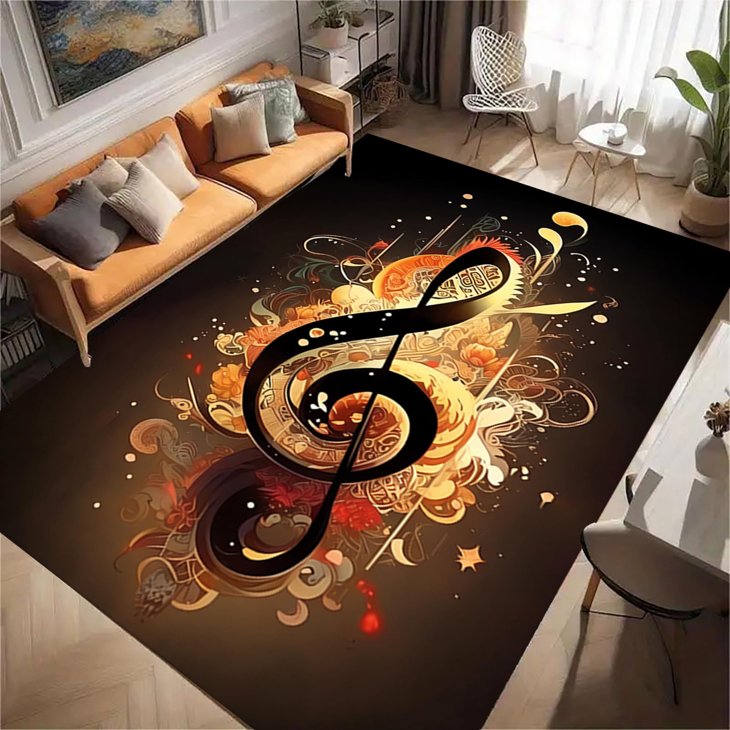 Kuluoits Musical Note Area Rug 120x180cm Modern Black Note Music Theme Carpet Yellow Floral Music Mat Decor Non-Slip No Fading Soft Rugs for Living Room Bedroom Room Classroom Kids Room Washable Rug