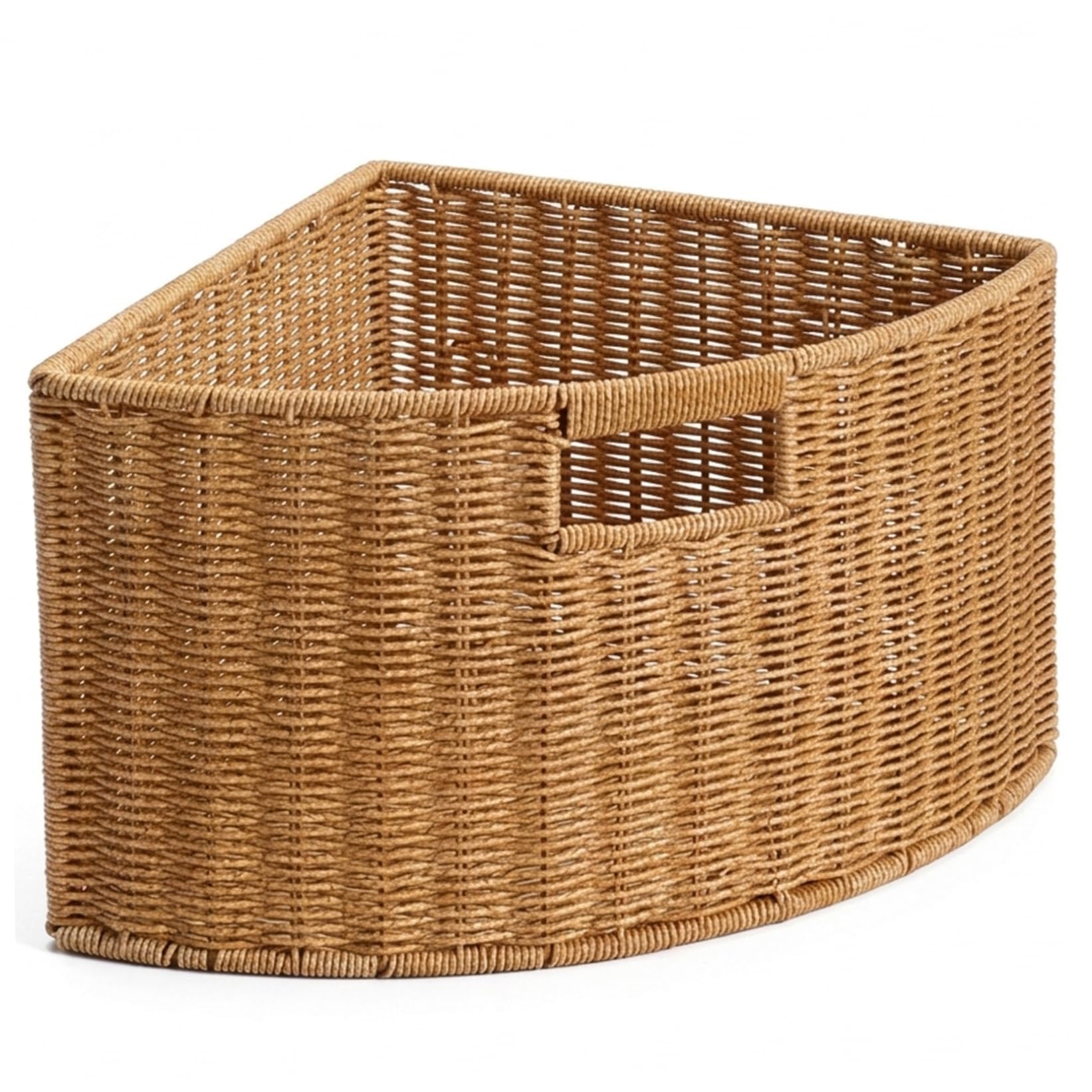 Cesta de esquina de ratán en forma de abanico con marco de metal