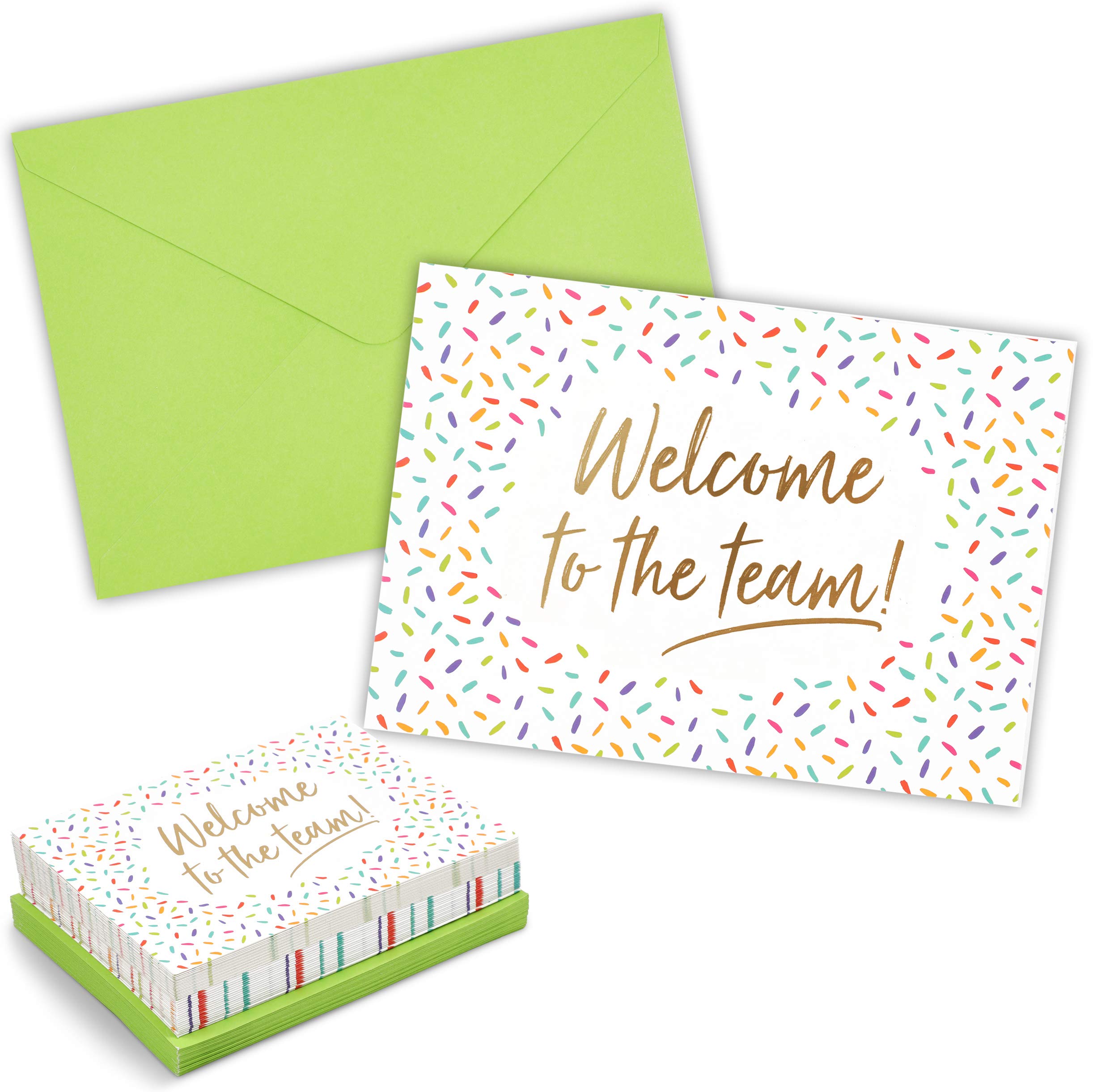 Pipilo Press 36 Pack Welcome to the Team Cards Bulk, New Hire Welcome Gift for Employees (Gold Foil and Confetti Design, Green Envelopes, 5x7 in)
