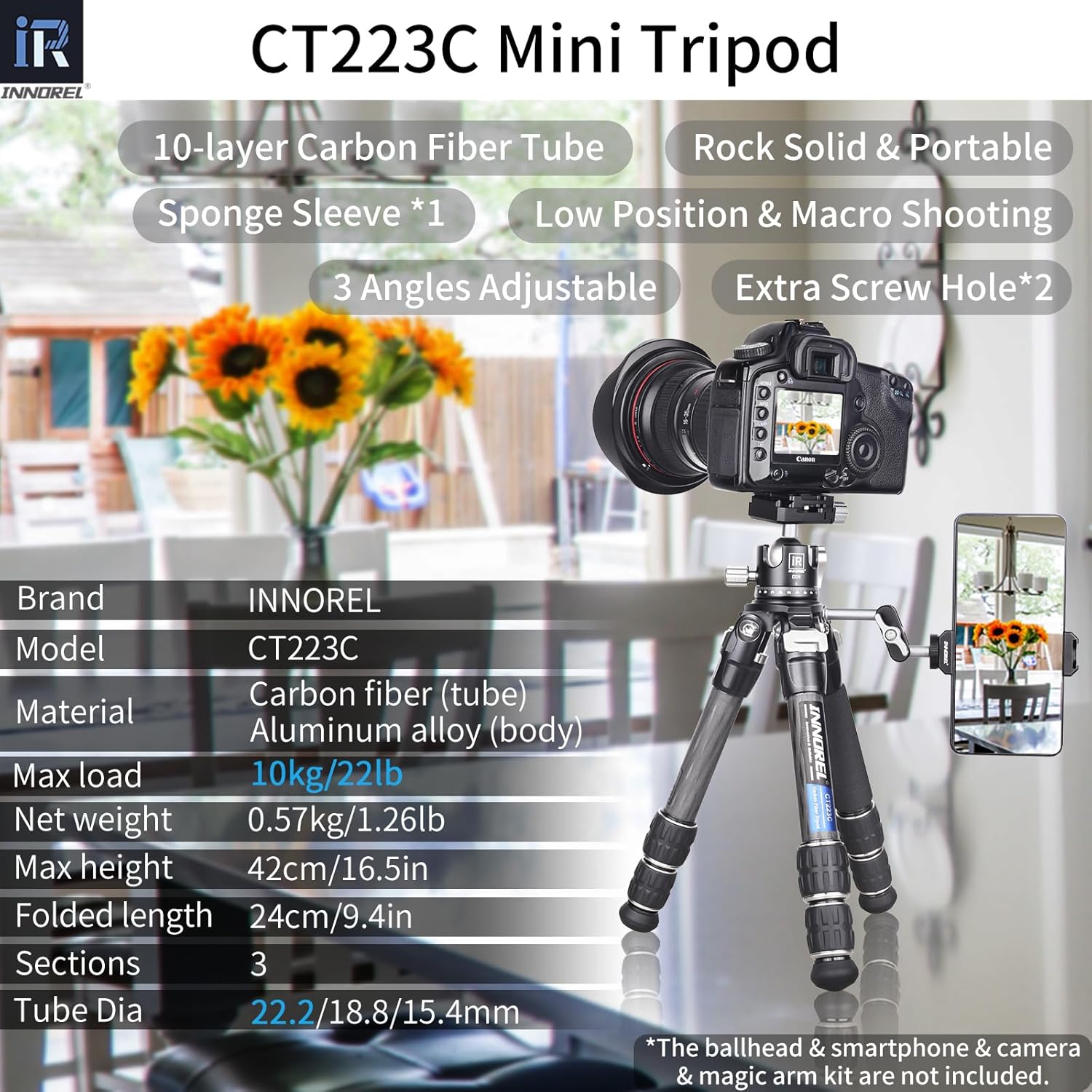 INNOREL 10-Layer Carbon Fiber Mini Tripod CT223C Desktop Tripod with Low Position Macro Shooting, Tabletop Camera Stand, Compact Lightweight Portable for Digital DSLR, DV Video, Max Load 22lb/10kg