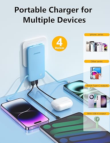 Miniatura 6 de Alongza Cargador portátil con cables integrados y enchufe de pared de CA, cargador de batería delgada de carga rápida de 10000 mAh, batería externa