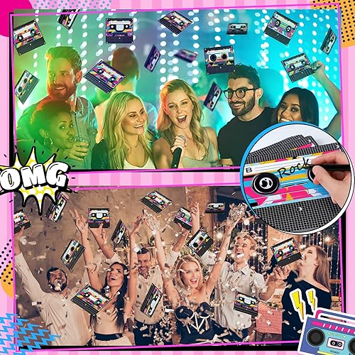 Miniatura 6 de 60 piezas de decoraciones de fiesta temática de los años 80 y 90, decoración de fiesta de música retro, recortes de cinta de casete de los años 70,