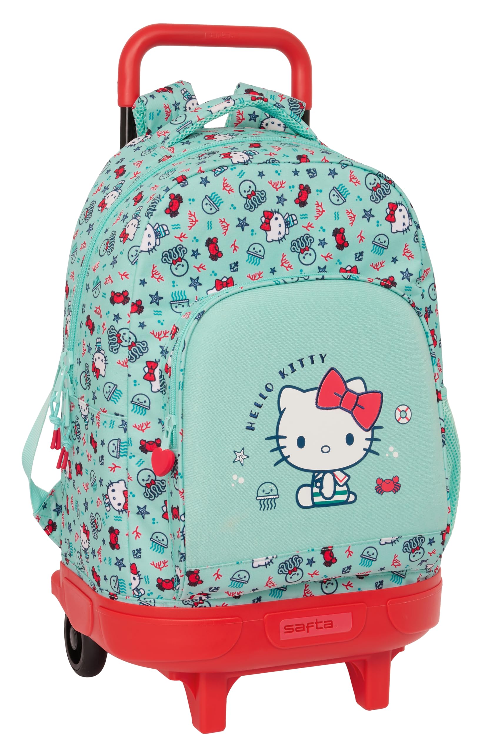Safta HELLO KITTY SEA LOVERS - Mochila Grande con Ruedas, Compacta, Extraíble, Ideal para Niños de Diferentes Edades, Cómoda y Versátil, Calidad y Resistencia, 33x22x45 cm, Color Turquesa