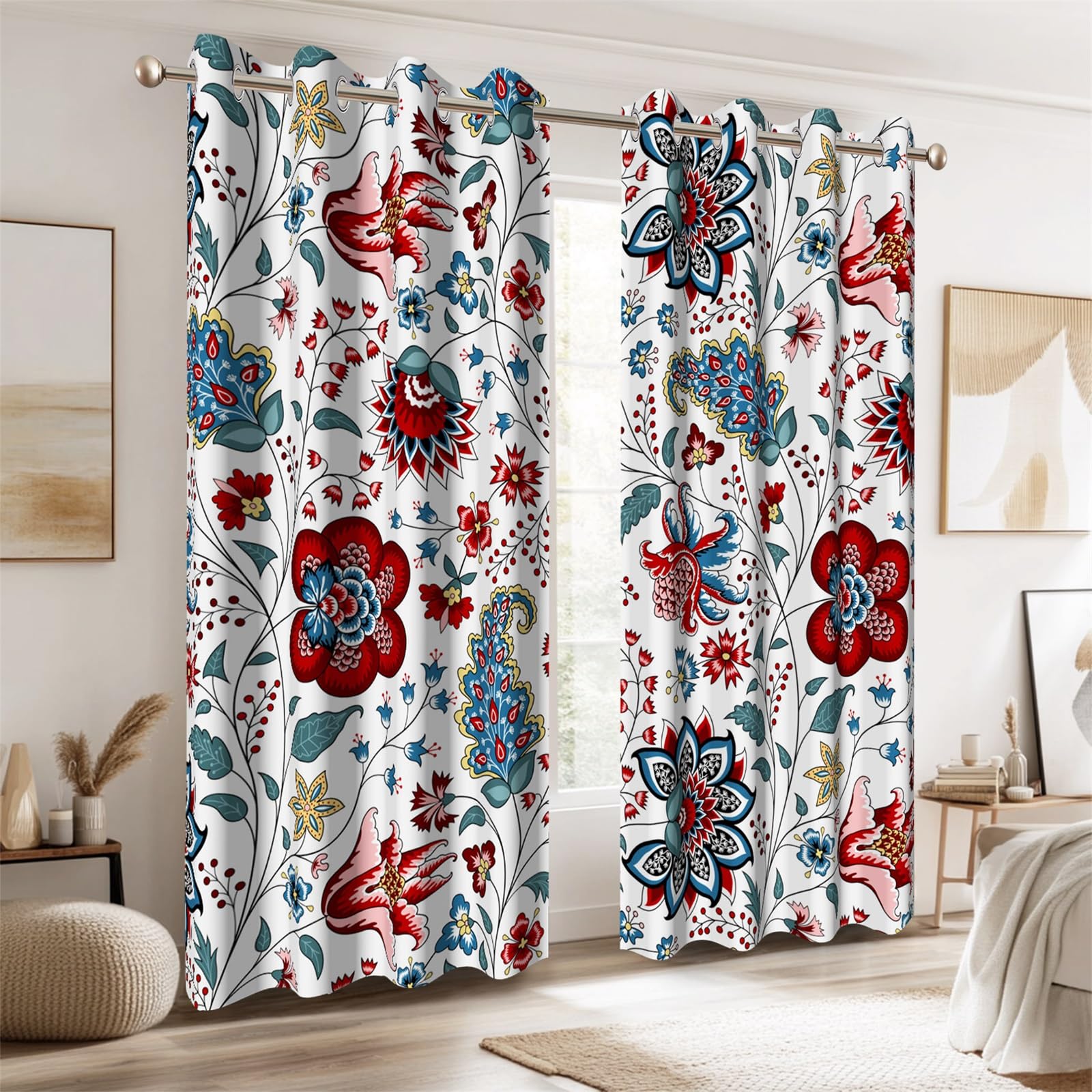 117x229cm Rideaux de Chambre occultants Floraux bohèmes, Rideaux de fenêtre isolés thermiquement imprimés de Plantes à Fleurs bohèmes traitements de fenêtre pour Salon 2 Panneaux