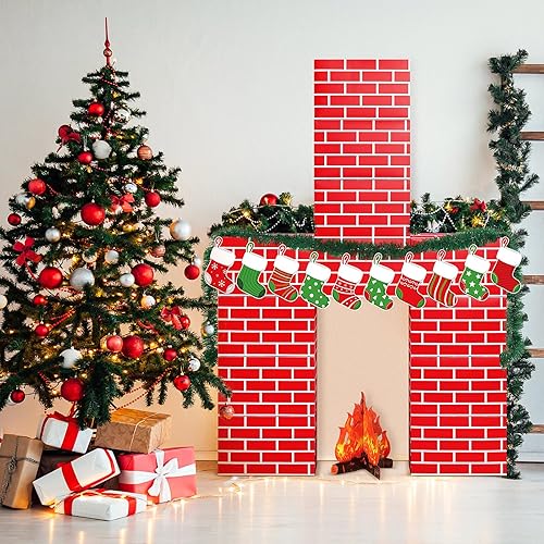 Miniatura 5 de 34 chimeneas de cartón de ladrillo rojo artificial 3D de 39 x 59 pulgadas, chimenea de Navidad con media llama de fuego 3D, guirnalda de pino de