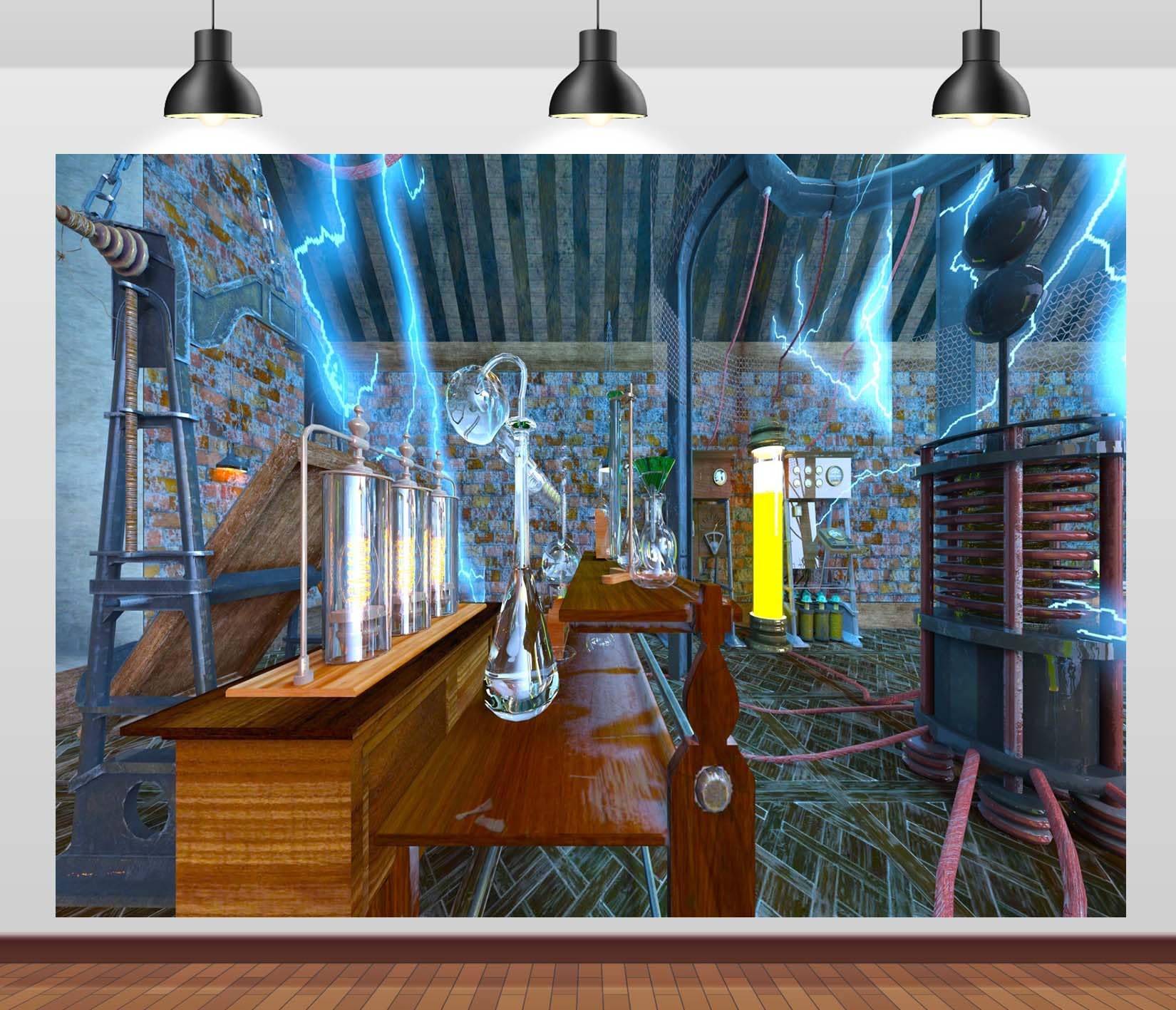 BELECO 3x2.5m Vintage Wissenschaftslabor Fotohintergrund, Reagenzgläser Chemie elektrische Wellen, Mad Scientist Kindergeburtstag Party Porträt Studio Zubehör