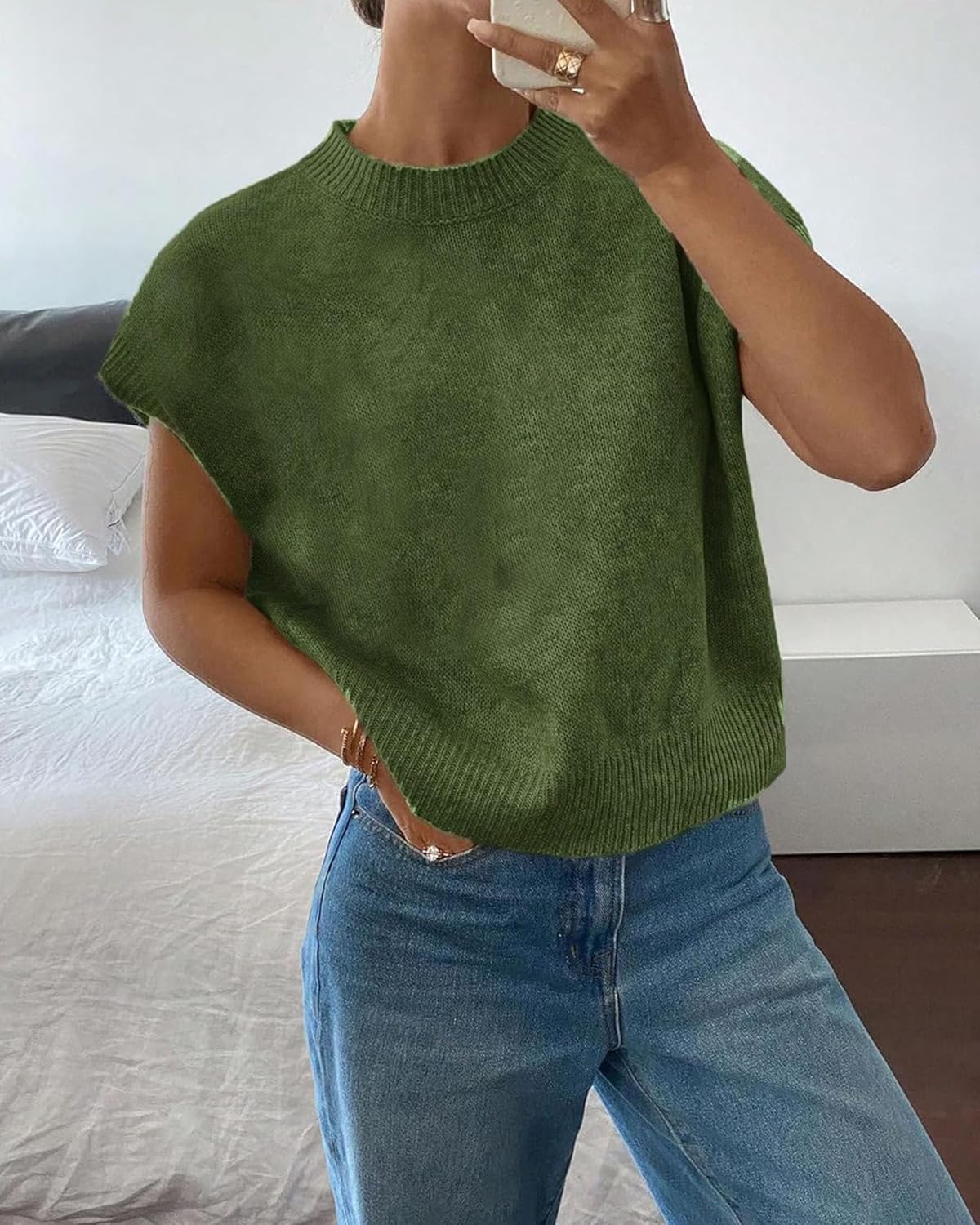 Short Sleeve Sweater for Women Ribbed Crew Neck Loose Fit Knit Pullover Tops - Image 3