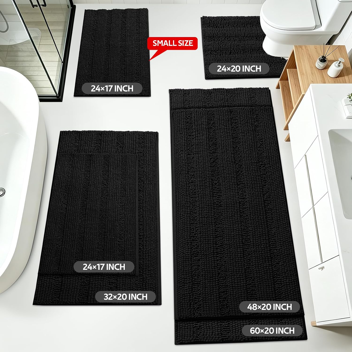 ACCUMTEK Striped Black Toilet Bathroom Rug Mat Set 2 piece Rug Ultra Soft, Non Slip Chenille Bath Rugs, Absorbent Plush Shaggy Bath Mats for Bathroom, Bedroom, Kitchen, Shower, Tub image 2