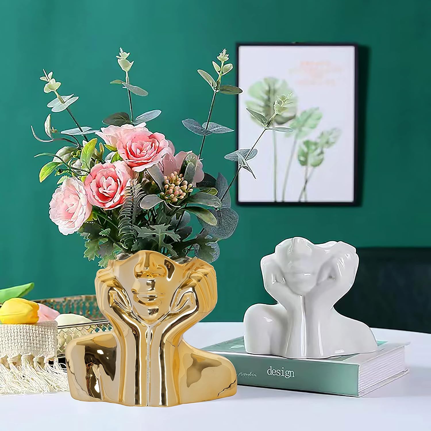 Flower Vase for Decor Gold Ceramic Face Vase for Flowers,Female Form Head Bust Vases, Modern Minimalism Head Vases for Home Decor Living Room Office Table Desk Decoration W 6" x H 5 image 4 of 7 B0BPX8G8SC