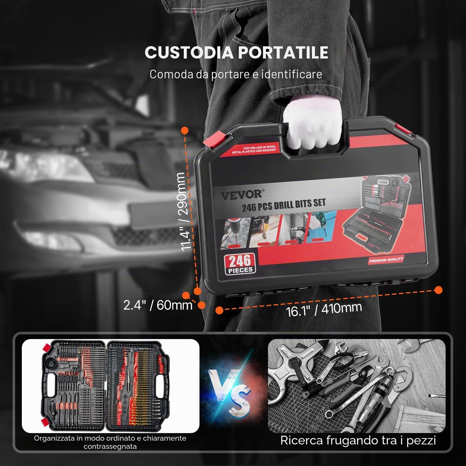 VEVOR Set di Punte da Trapano 246 Pezzi, Set di Punte da Trapano e Cacciavite, Set di Punte da Cacciavite Adatte per Foratura di Metallo, Kit Combinato Assortiti in Custodia per Trasporto Organizzata