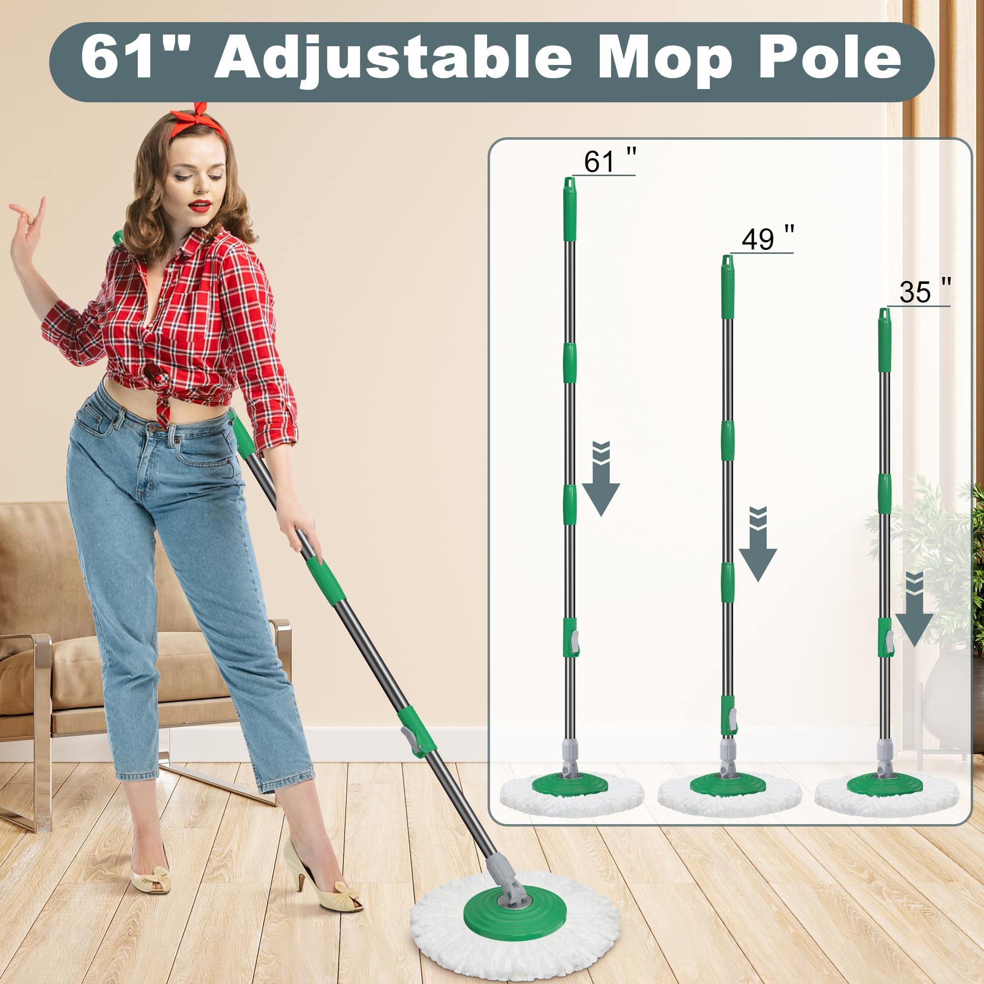 Mopa giratoria de doble compartimento y cubo, fregona y cubo con juego de escurridor, fregona giratoria de 360° para limpieza de suelos con 6 cabezales de repuesto de microfibra, mango extendido de 61