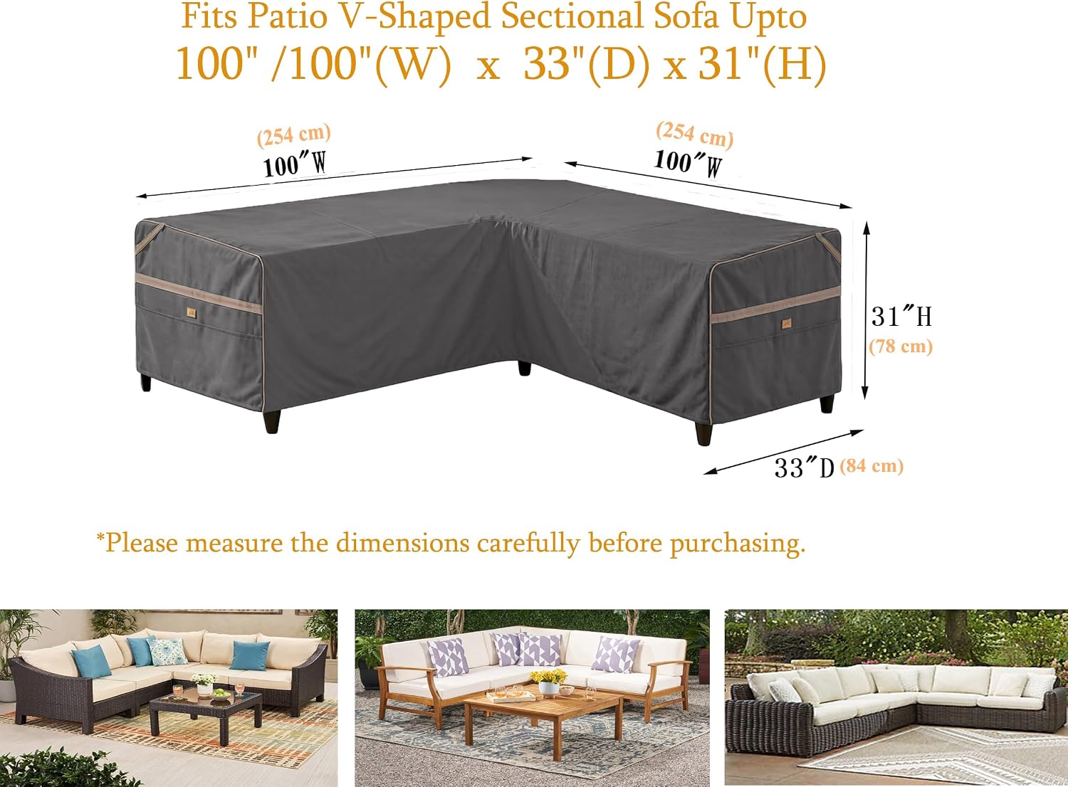 Heavy Duty Waterproof Outdoor V-Shaped Sectional Sofa Cover UV Resistant Patio Furniture Covers 100" W (on Each Side) x 33" D x 31" H Dark Grey
