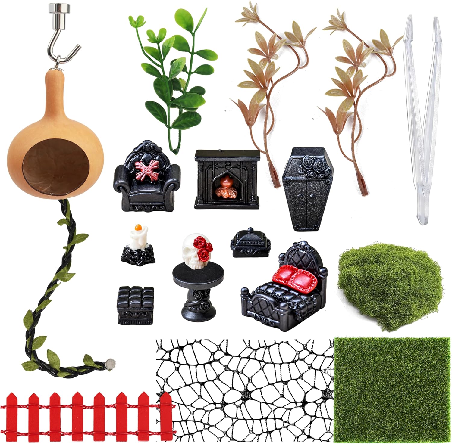 19-in-1 Jumping Spider Enclosure Accessories Kit, Terrarium Decor Set with Furniture, Plants, Hideouts, Moss, Climbing Rope & Net for Tarantula Habitat (No Glue/Enclosure)