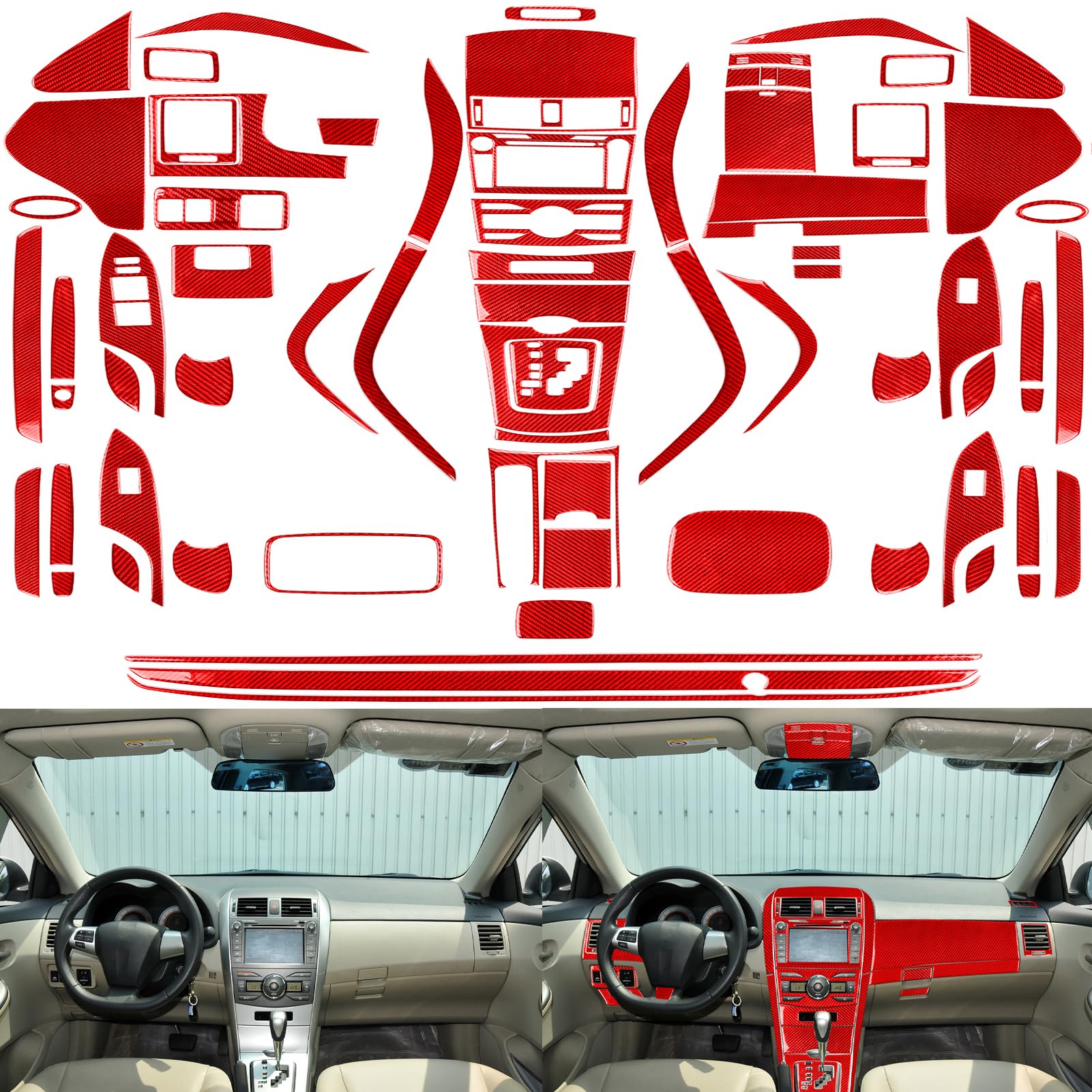 Auto Interior Decoration Decal Full Complement Sticker 79pcs Set Premium Sticker Real Quality Soft Carbon Fiber Interior Trim Accessories Compatible with Toyota Corolla 2009 2010 2011 2012 2013 Red