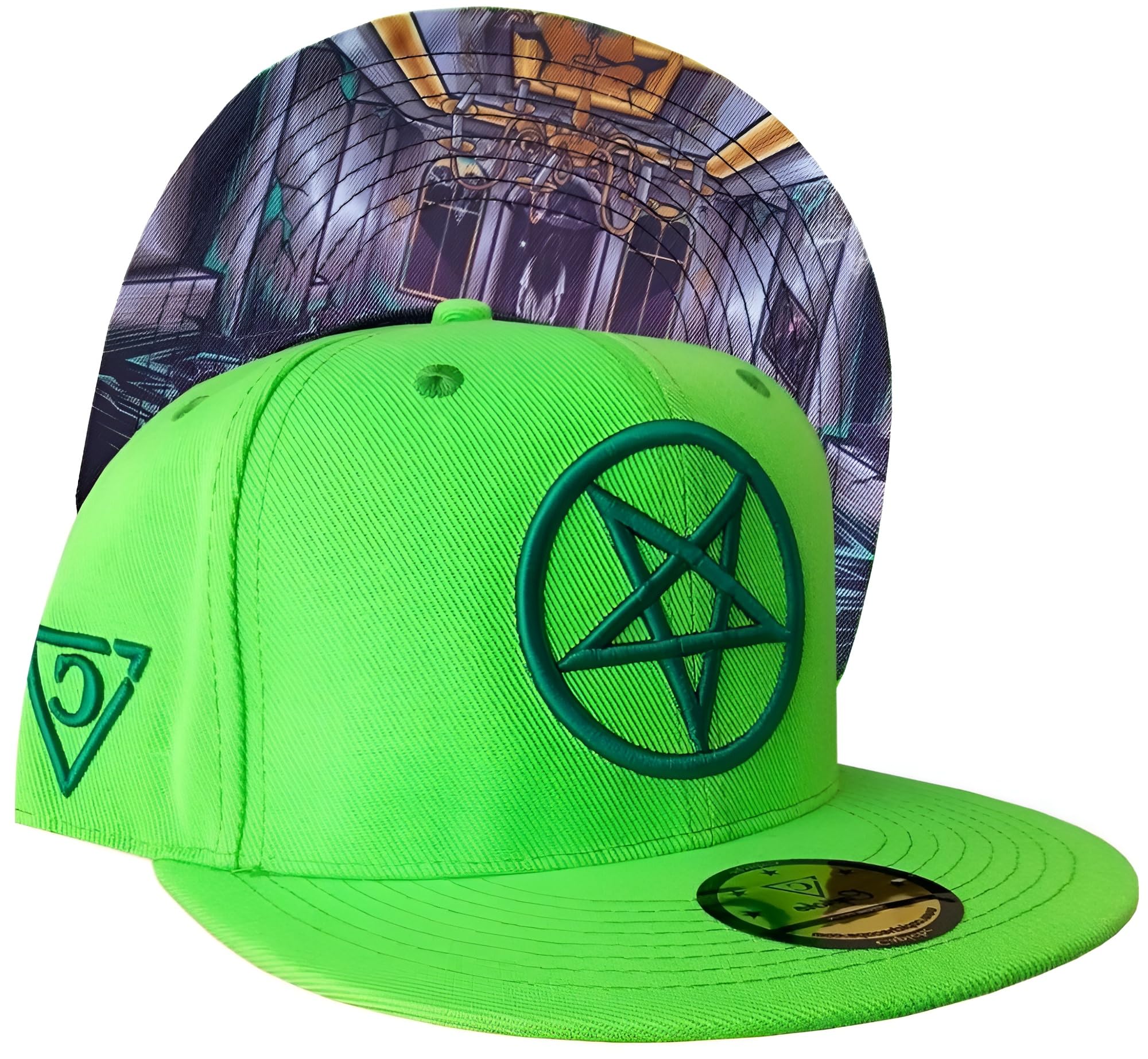 Capiche [99+ Variations] Neon Green Baseball Hat, Cursed Mansion, Full Snapback Pentagram Logo, Scary Horror Artwork, Movies, Gaming, Lime Bright