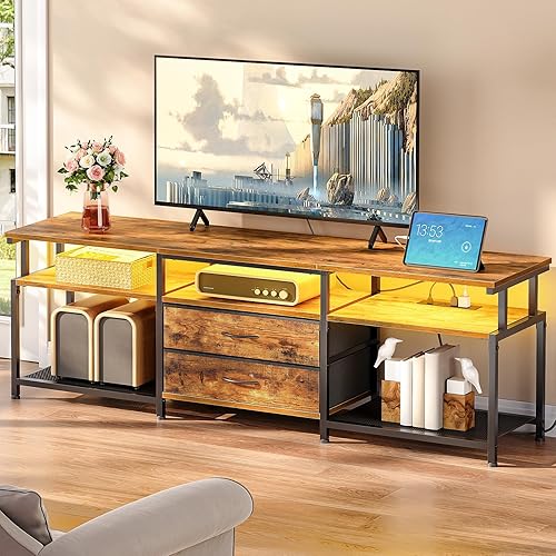 HOOBRO Soporte de TV con toma de corriente y luz LED, centro de entretenimiento para televisores de hasta 75 pulgadas, mesa de consola de medios