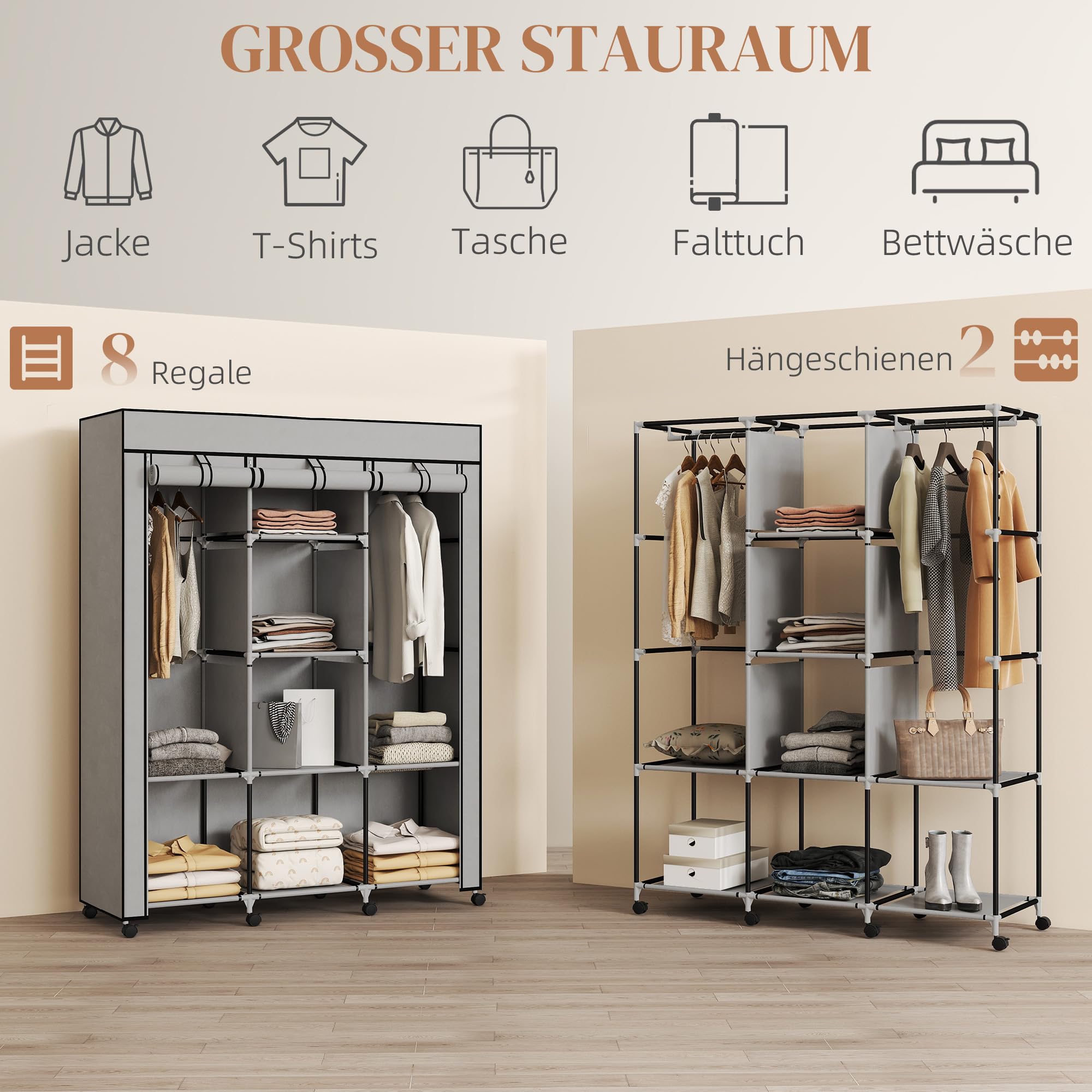 HOMCOM Kleiderschrank Stoffschrank mit Kleiderstange, Ablagen, Reißverschluss Faltschrank Stoffkleiderschrank für Schlafzimmer, Ankleidezimmer, 125 x 43 x 162,5 cm Hellgrau