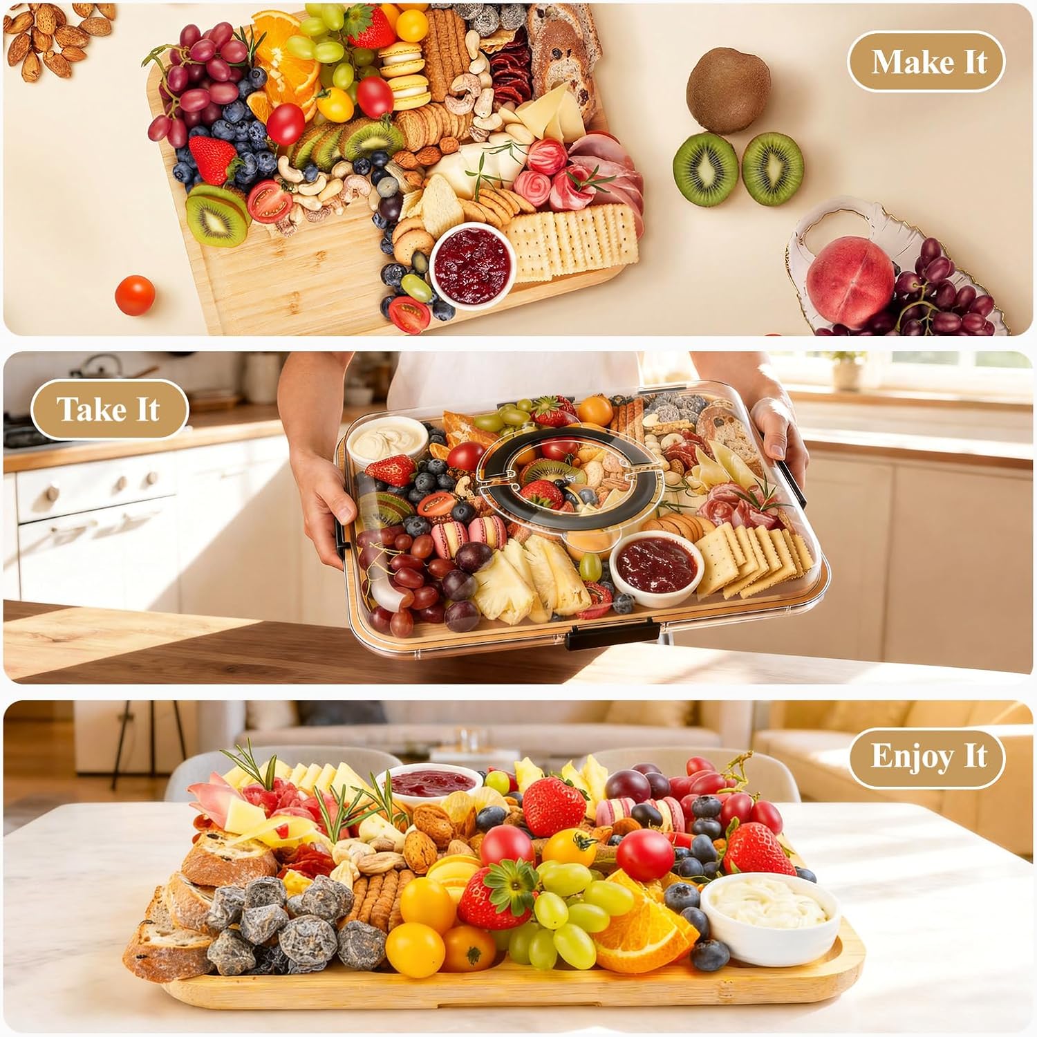 Charcuterie Board with Lid and Handle, Portable Travel Design Bamboo Cheese Board with Knife Set, Meat Fruit Serving Tray Platter, House Warming Gifts New Home, Gifts for Women, 6 Compartments