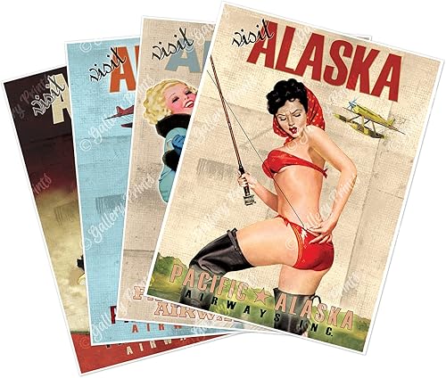 Juego de cuatro (4) pósteres de viaje de estilo vintage de Pacific Alaska Airlines, cada uno mide 18 x 24 pulgadas (17.992 x 24.016 in)