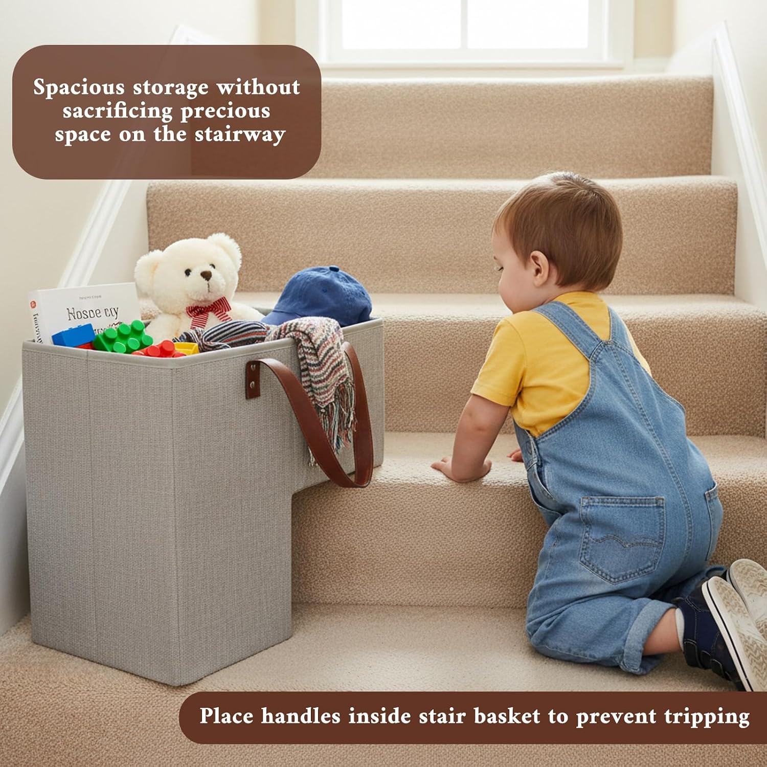 Stair Basket, Foldable Staircase Basket Step Stairs Storage Baskets with Handles Stairway Storage Organizer for Carpeted and Wooden Stairs Home Office Decor, 16" L x 9.5" W x 16" H