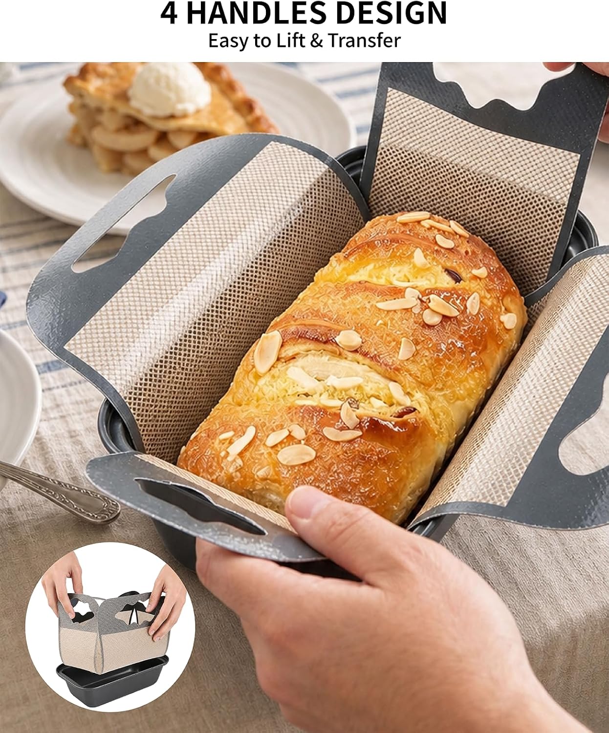 4 Pcs Silicone Bread Loaf Pan Liners, Reusable Food-Grade BPA Free Silicone Sourdough Baking Sling Mat, Non-Stick & Heat Resistant Loaf Pan Liner with 4 Handles, Fits 9x5 or 1.5lb Loaf Pans