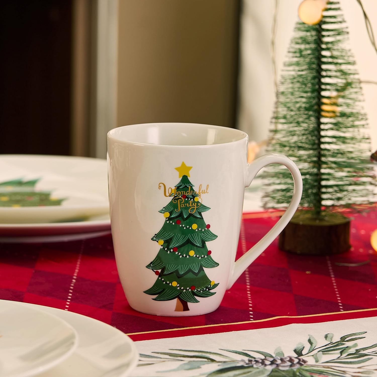 Christmas Mugs - Set of 6, 13 oz Bone China Dishwasher & Microwave Safe Holiday Tree Coffee Cups, Xmas Novelty Funny Gift for Women, Men,Family