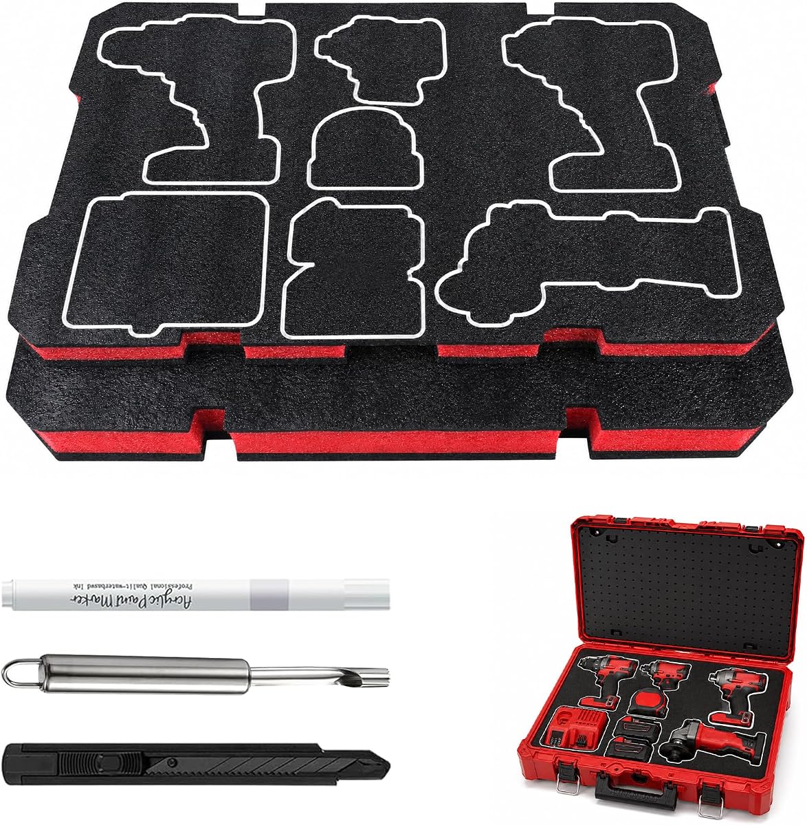 2-Pack Foam Inserts for Milwaukee Packout 48-22-8424, Customizable Polyethylene Tool Box Foam for Hard Case Storage, Shadow Board ToolBox Organizer Sheet with Marking and Cutting Tools