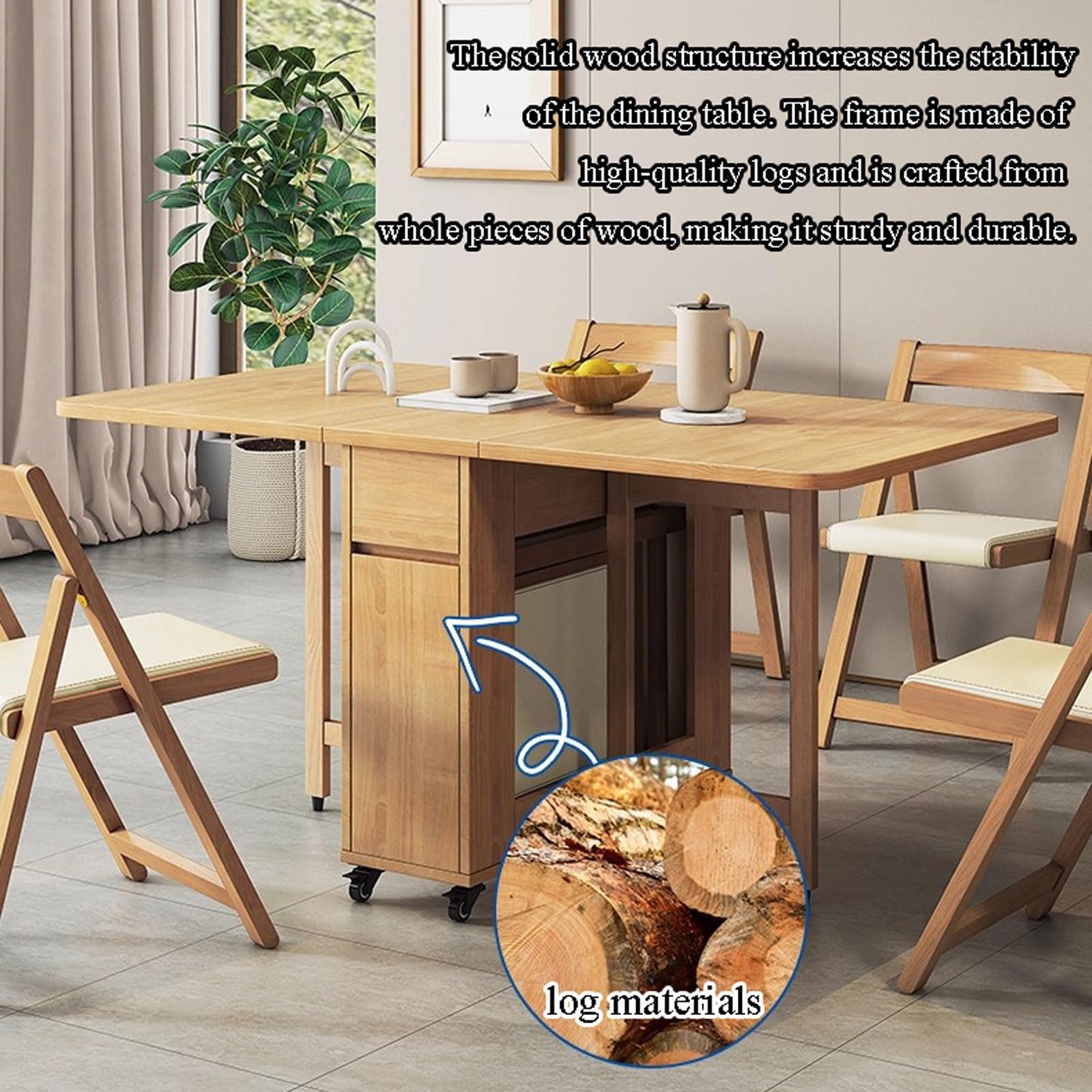 Generico Set tavolo da pranzo pieghevole, Tavoli in legno regolabili con 2 cassetti portaoggetti e 4 ruote, Tavolo da pranzo pieghevole facile da spostare ideale per la sala da pranzo di casa